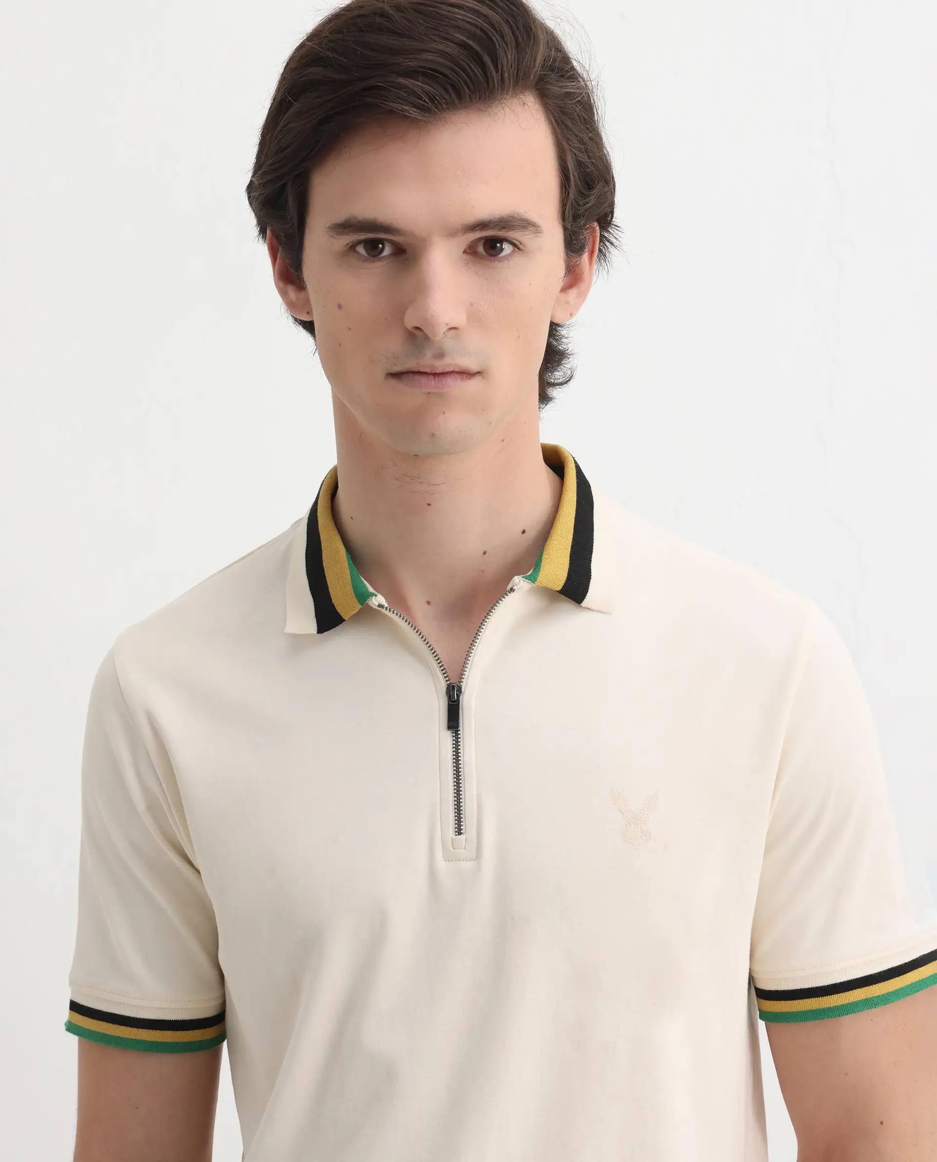 Rare Rabbit Men's Drax Off White Cotton Plain Regular Fit Half Sleeve Polo - Image 4