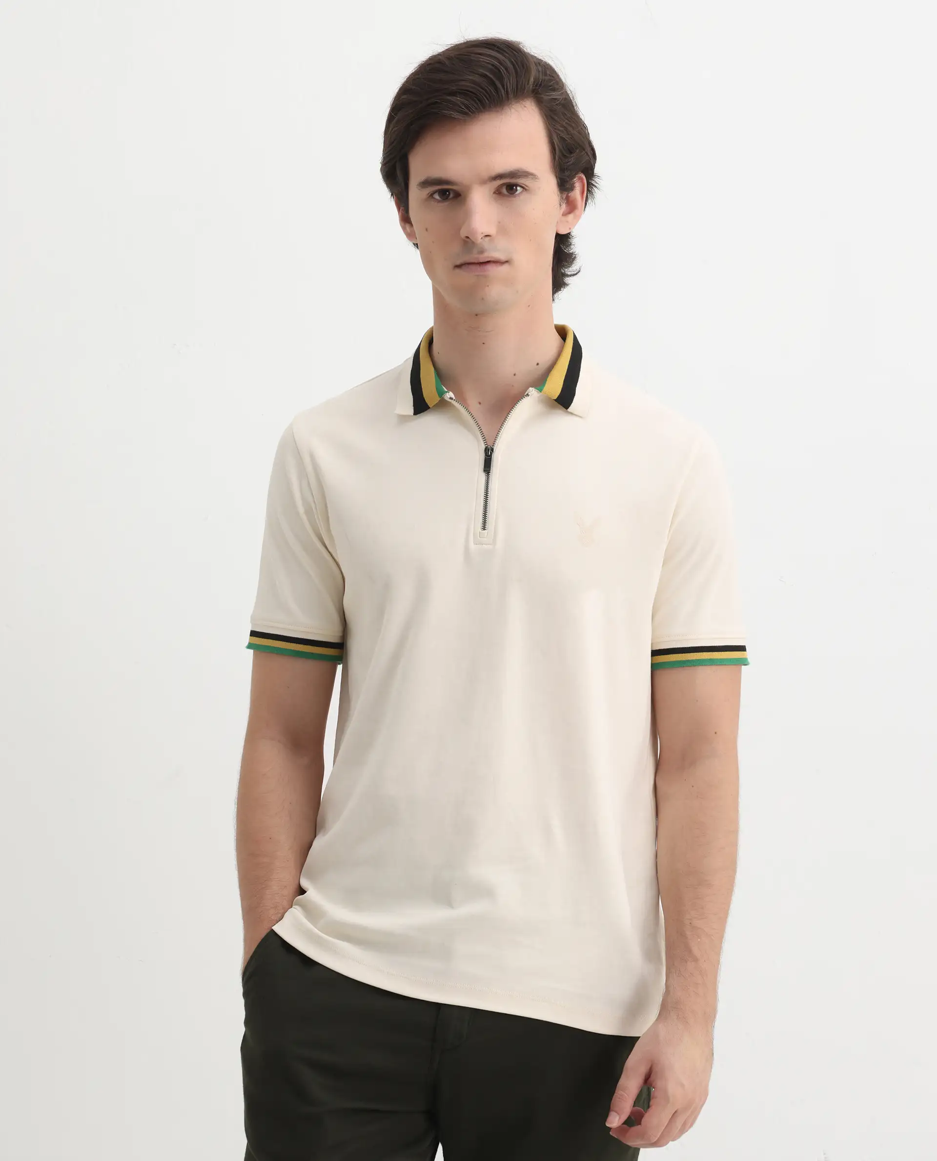 Rare Rabbit Men's Drax Off White Cotton Plain Regular Fit Half Sleeve Polo - Image 7