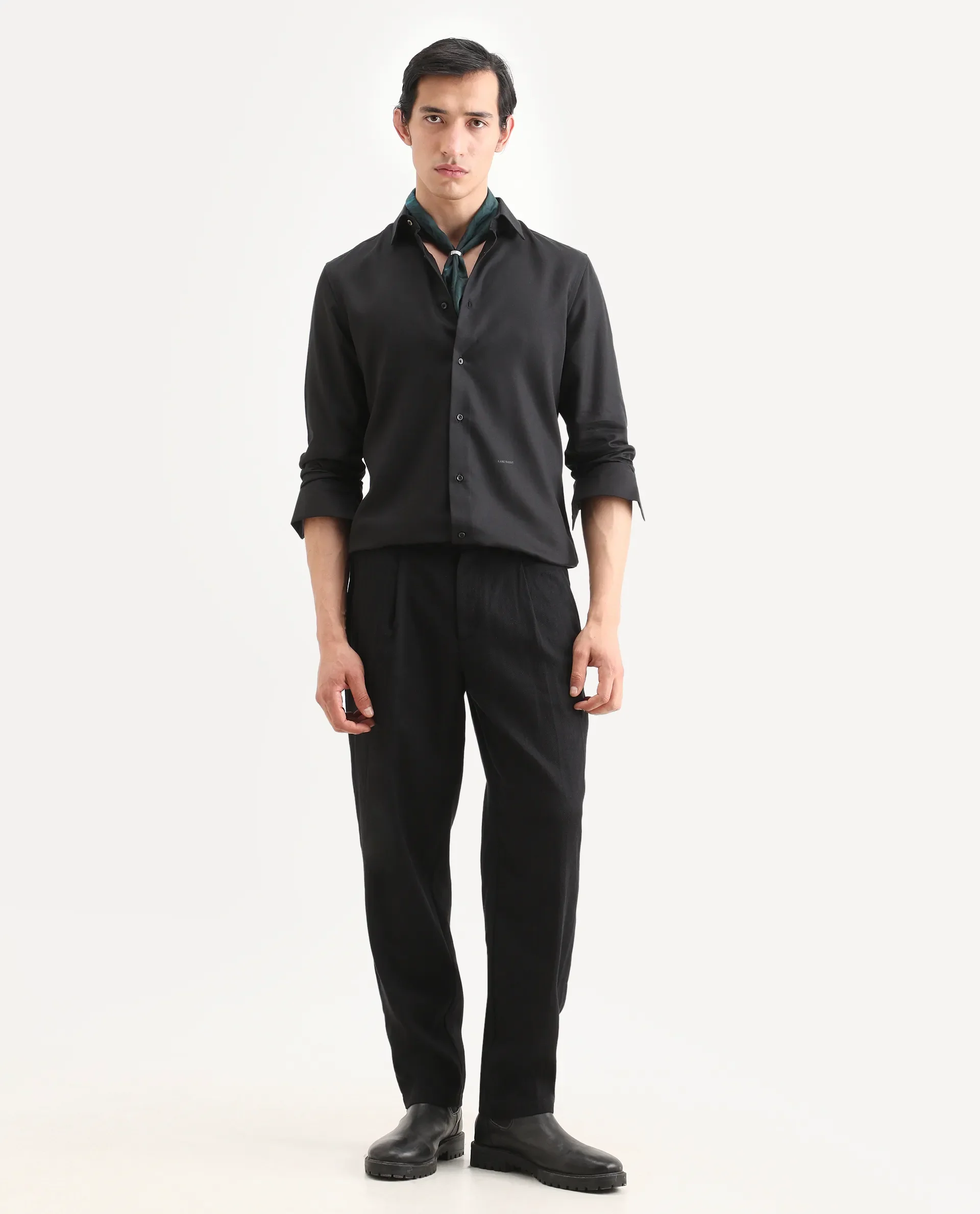 Rare Rabbit Men's Dream Black Tencel Fabric Full Sleeve Spread Collar Regular Fit Plain Shirt - Image 2