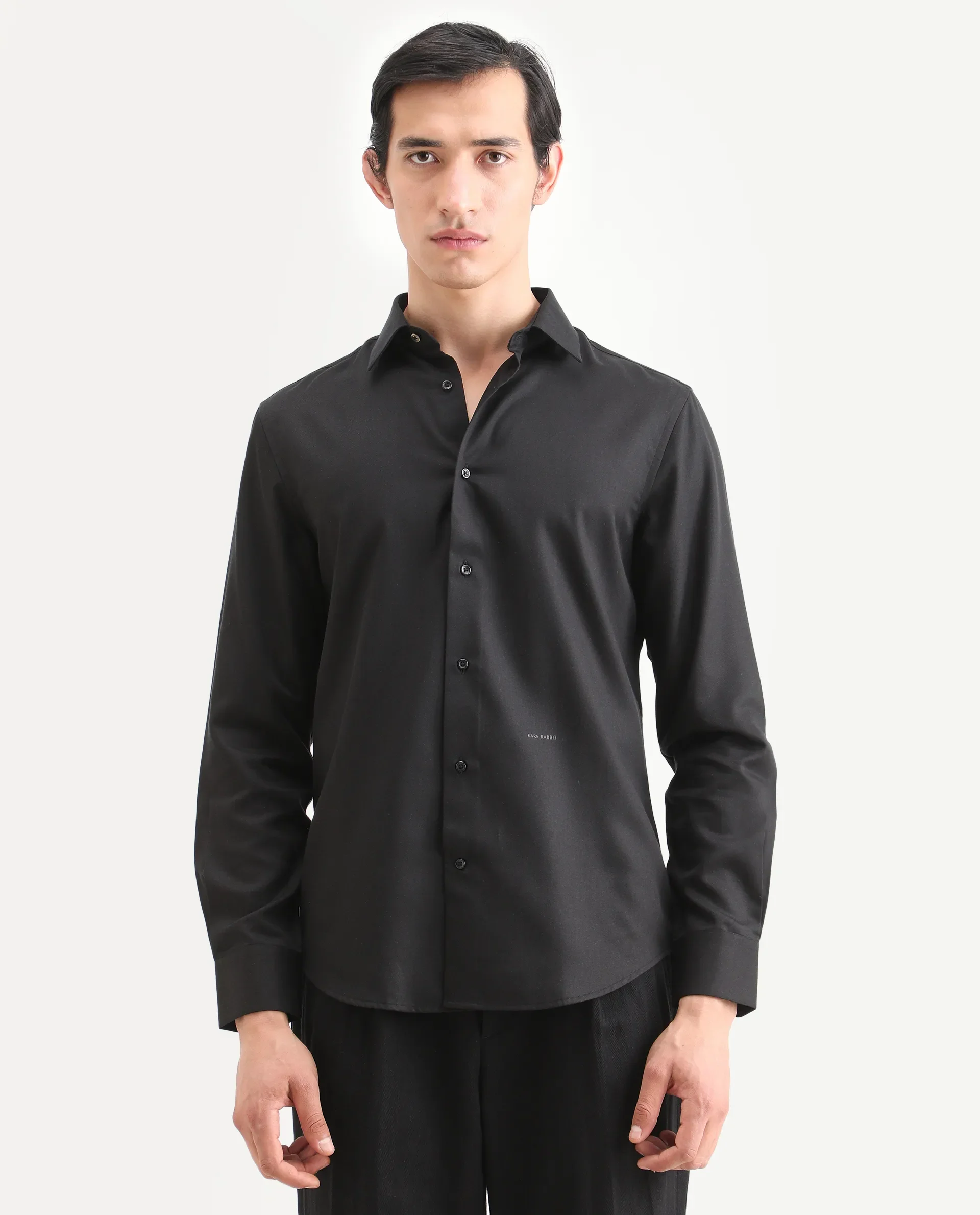 Rare Rabbit Men's Dream Black Tencel Fabric Full Sleeve Spread Collar Regular Fit Plain Shirt - Image 5