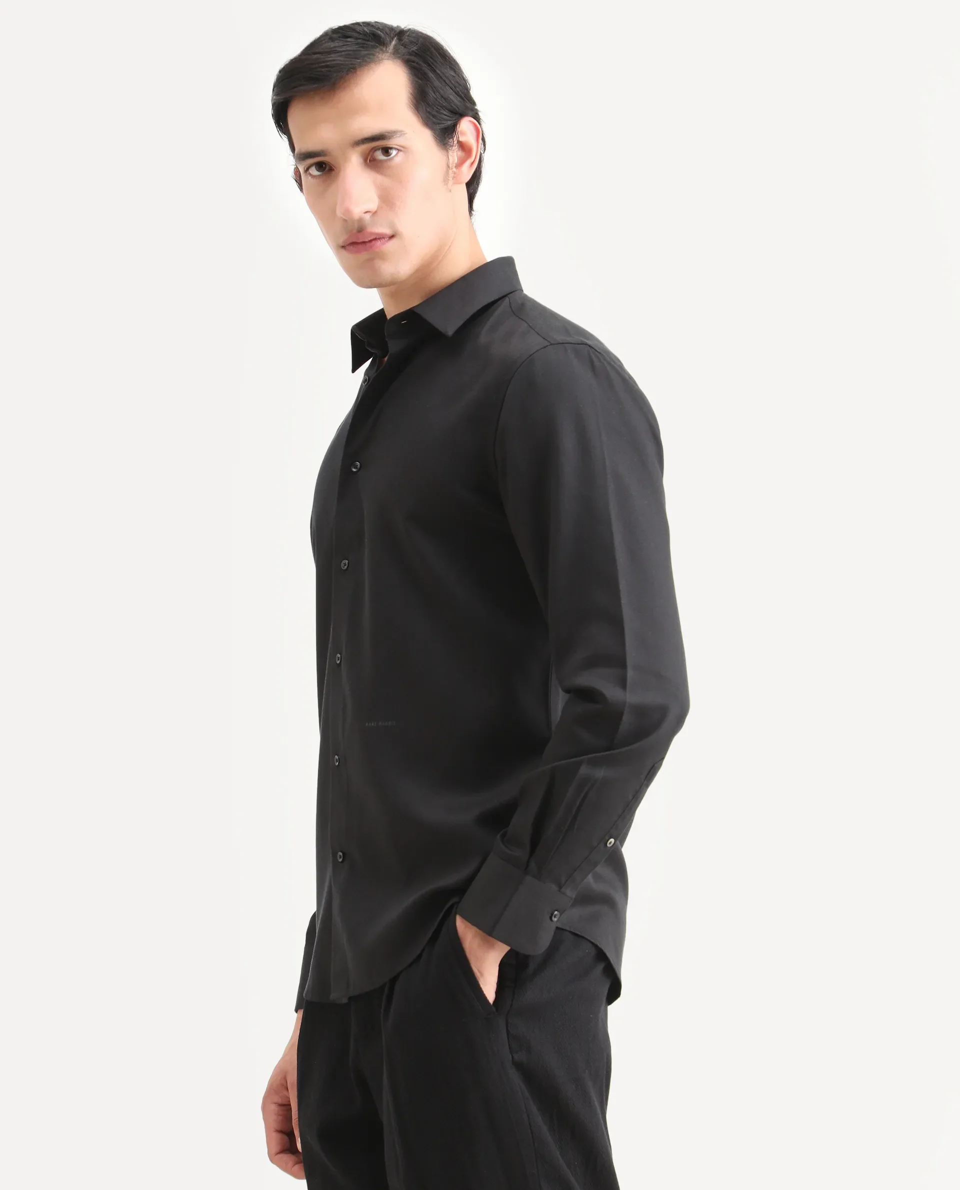 Rare Rabbit Men's Dream Black Tencel Fabric Full Sleeve Spread Collar Regular Fit Plain Shirt - Image 6