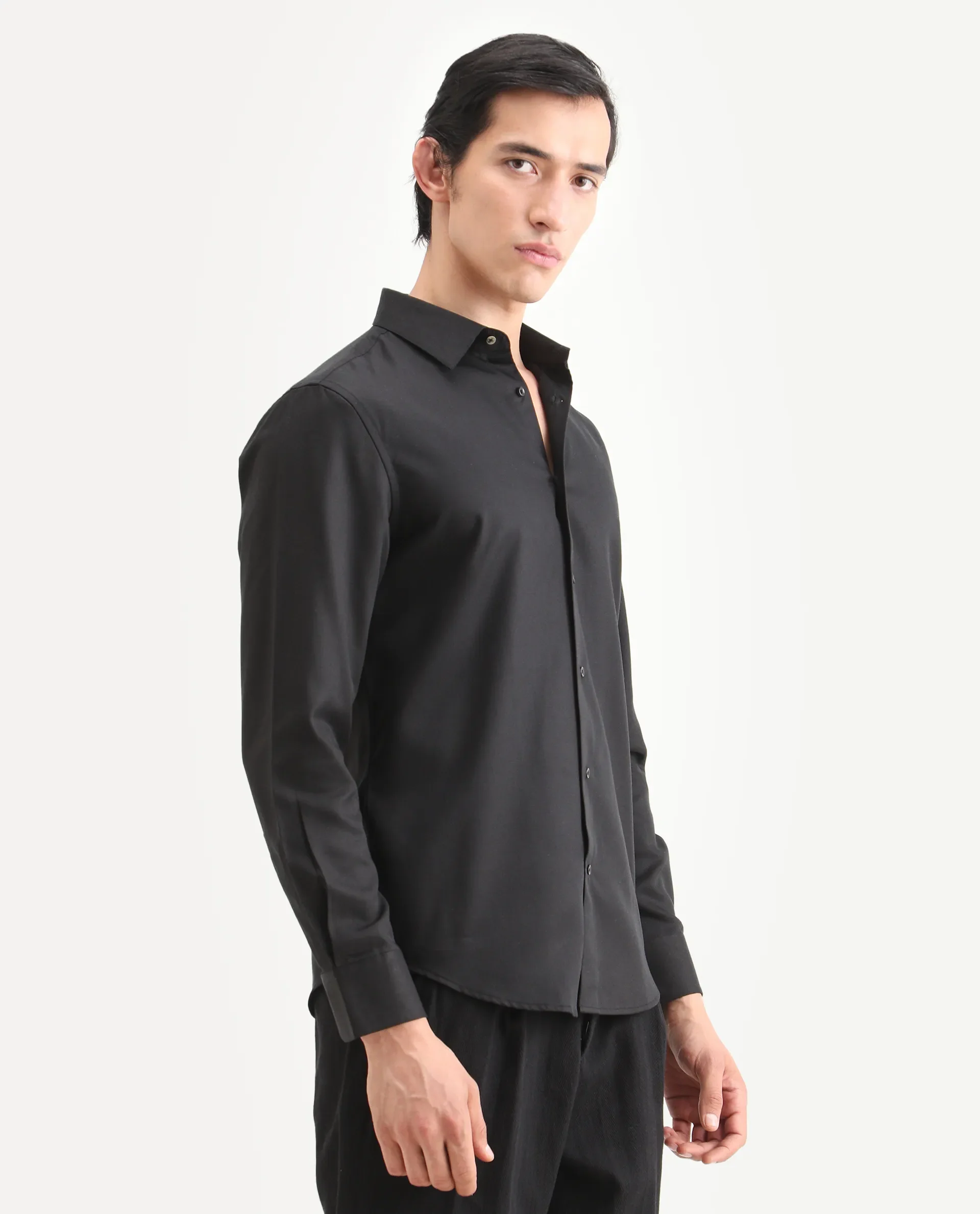 Rare Rabbit Men's Dream Black Tencel Fabric Full Sleeve Spread Collar Regular Fit Plain Shirt - Image 7