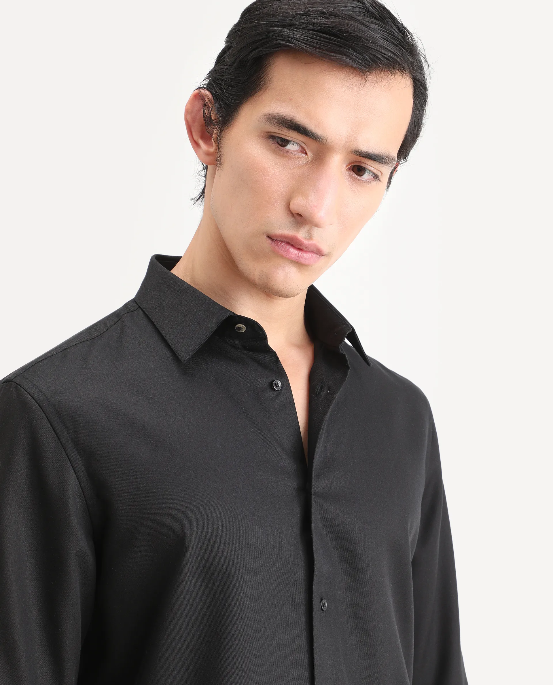 Rare Rabbit Men's Dream Black Tencel Fabric Full Sleeve Spread Collar Regular Fit Plain Shirt - Image 8