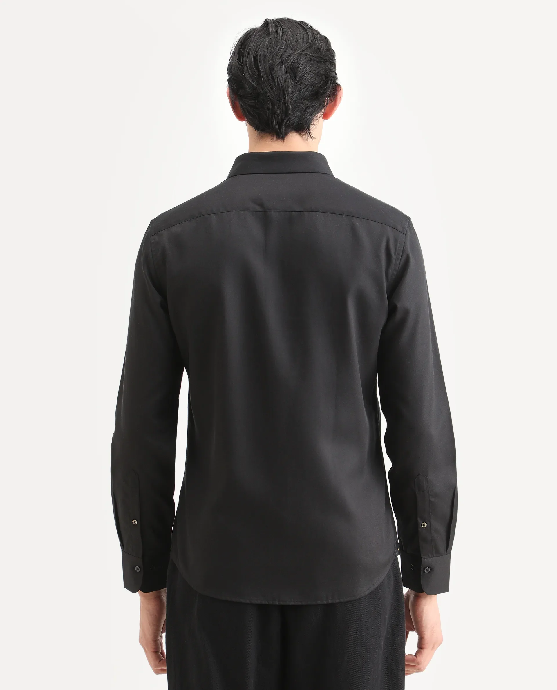 Rare Rabbit Men's Dream Black Tencel Fabric Full Sleeve Spread Collar Regular Fit Plain Shirt - Image 9