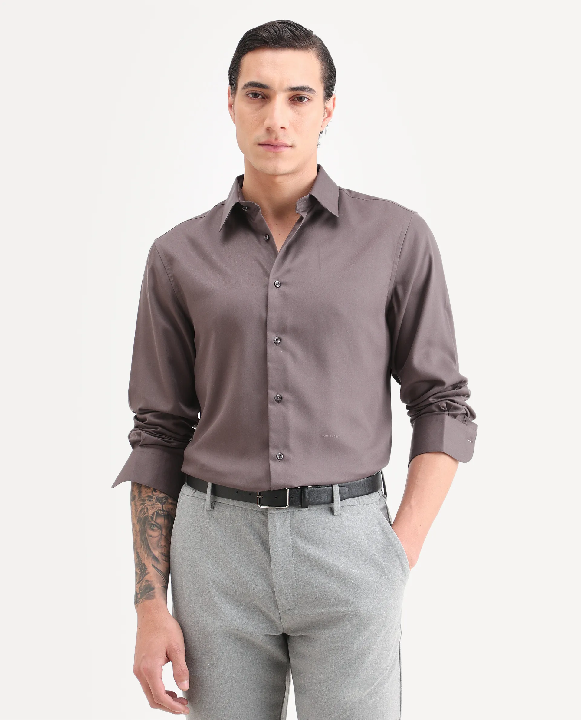 Rare Rabbit Men's Dream Dusky Fawn Tencel Fabric Full Sleeve Spread Collar Morris Regular Fit Plain Shirt - Image 4