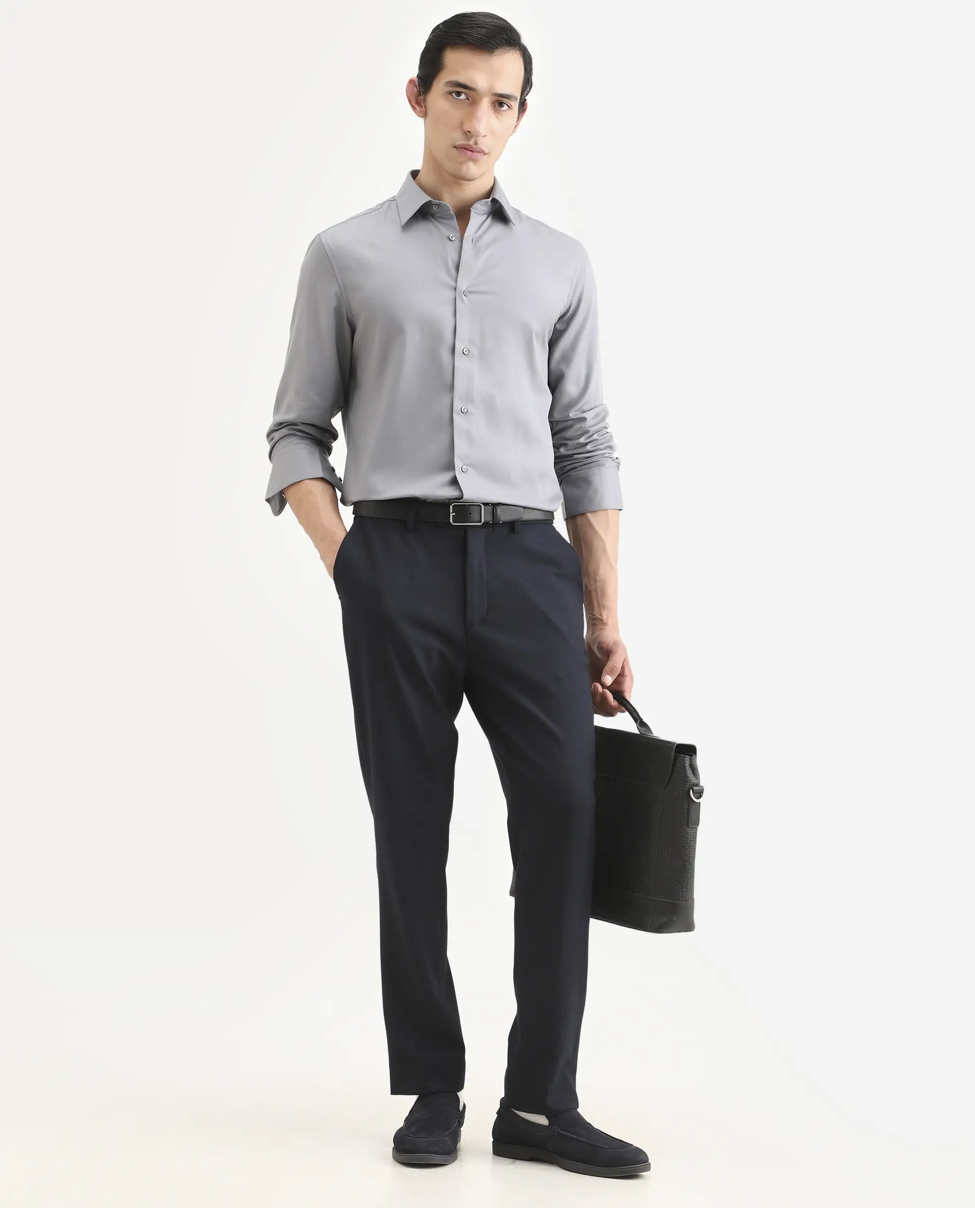 Rare Rabbit Men's Dream Pastel Grey Tencel Fabric Full Sleeve Spread Collar Regular Fit Plain Shirt - Image 2