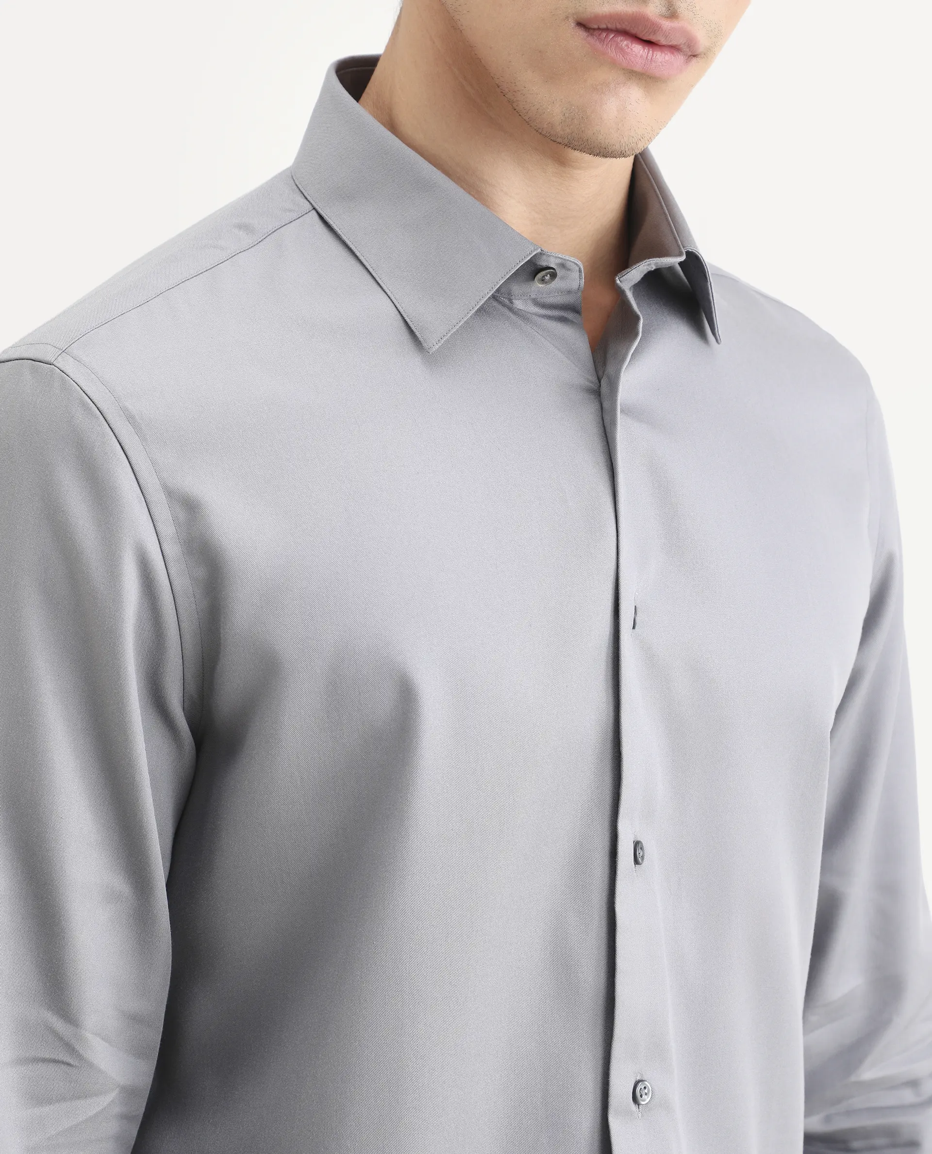 Rare Rabbit Men's Dream Pastel Grey Tencel Fabric Full Sleeve Spread Collar Regular Fit Plain Shirt - Image 3
