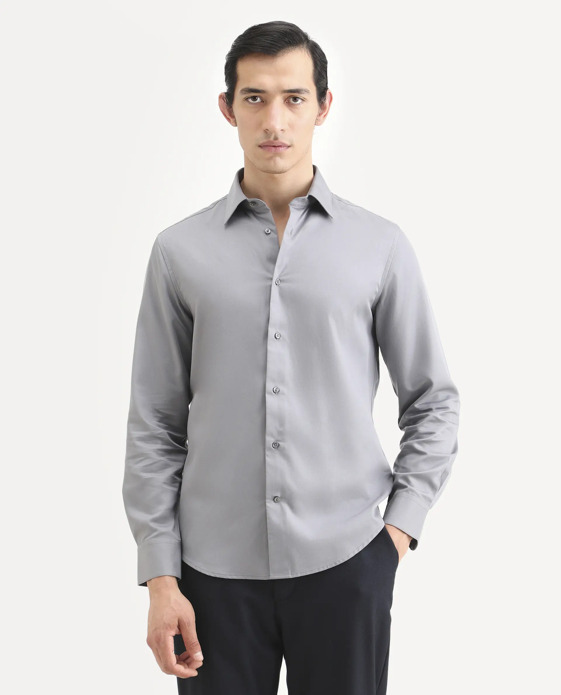 Rare Rabbit Men's Dream Pastel Grey Tencel Fabric Full Sleeve Spread Collar Regular Fit Plain Shirt - Image 4