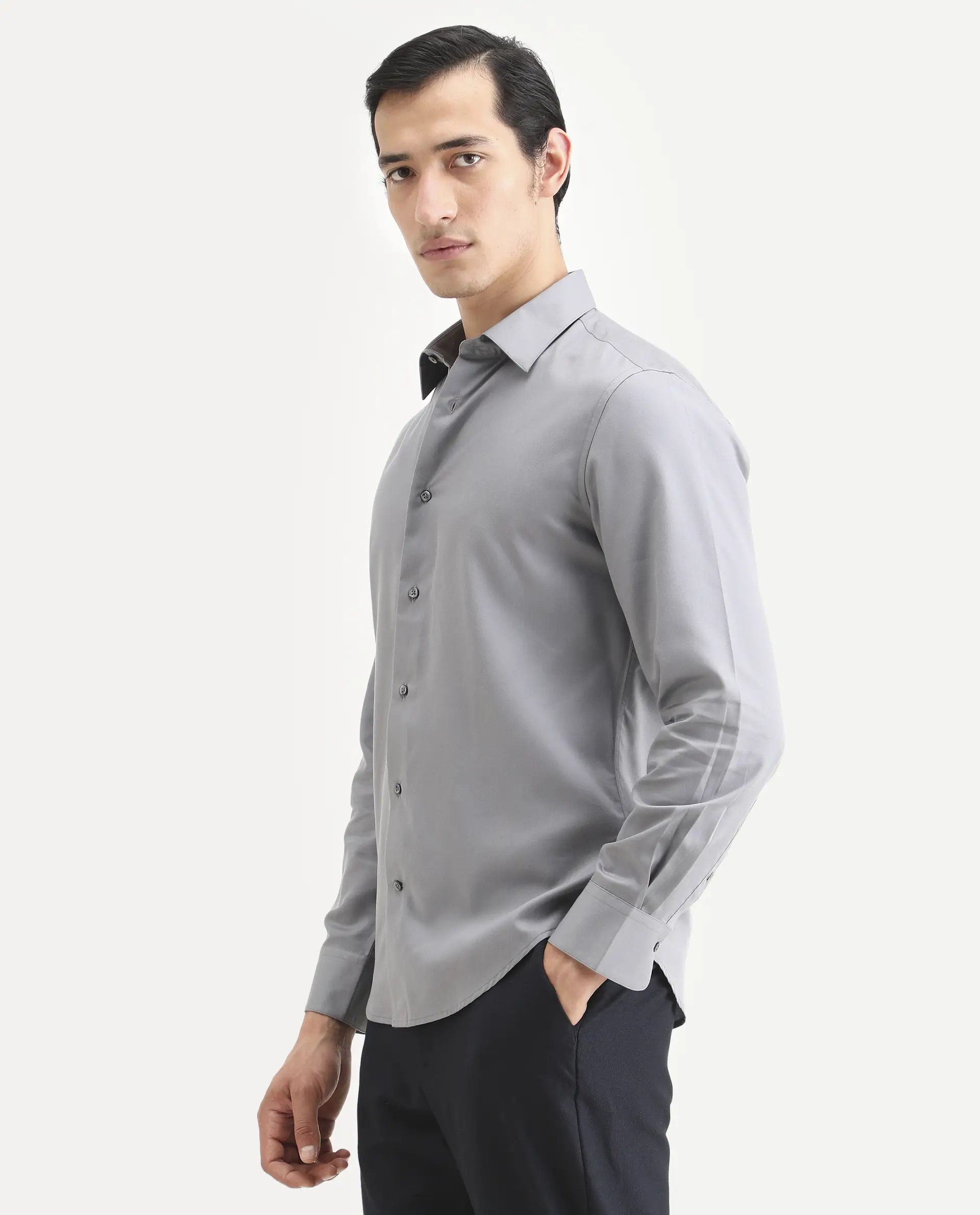Rare Rabbit Men's Dream Pastel Grey Tencel Fabric Full Sleeve Spread Collar Regular Fit Plain Shirt - Image 5