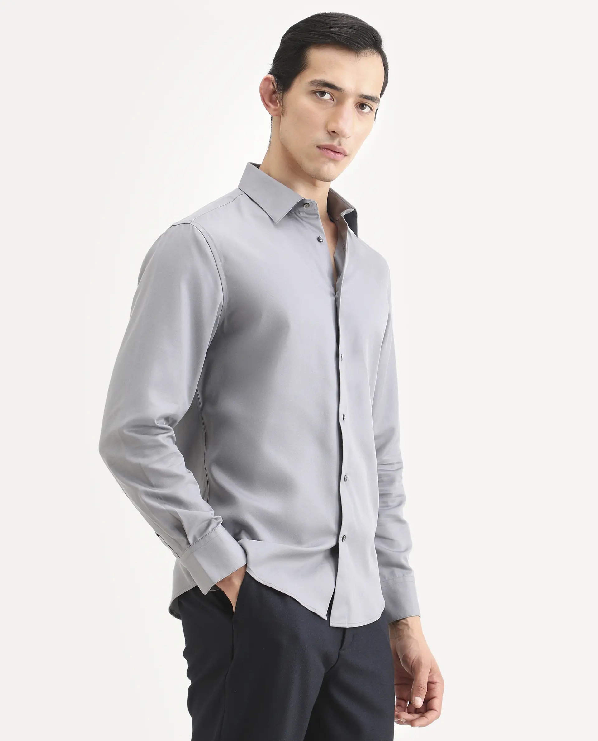 Rare Rabbit Men's Dream Pastel Grey Tencel Fabric Full Sleeve Spread Collar Regular Fit Plain Shirt - Image 6