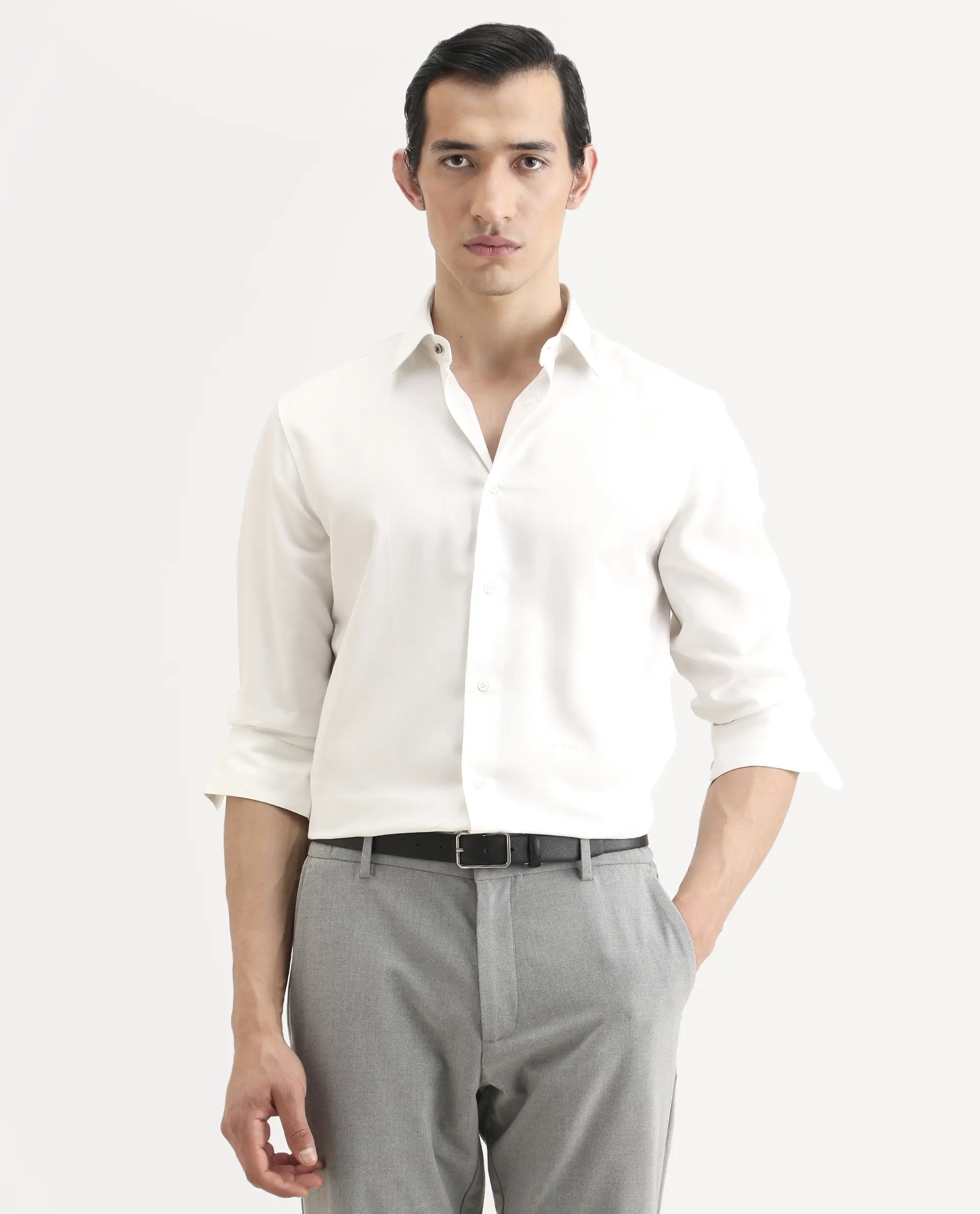 Rare Rabbit Men's Dream White Tencel Fabric Full Sleeve Spread Collar Regular Fit Plain Shirt