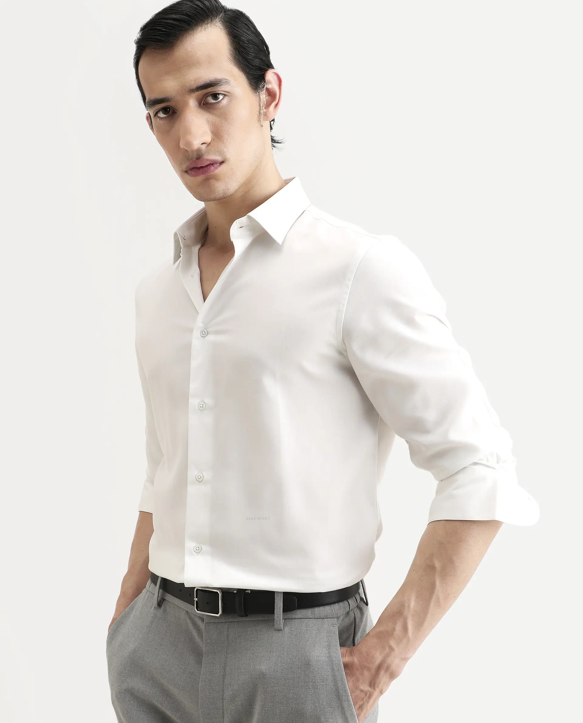 Rare Rabbit Men's Dream White Tencel Fabric Full Sleeve Spread Collar Regular Fit Plain Shirt - Image 6
