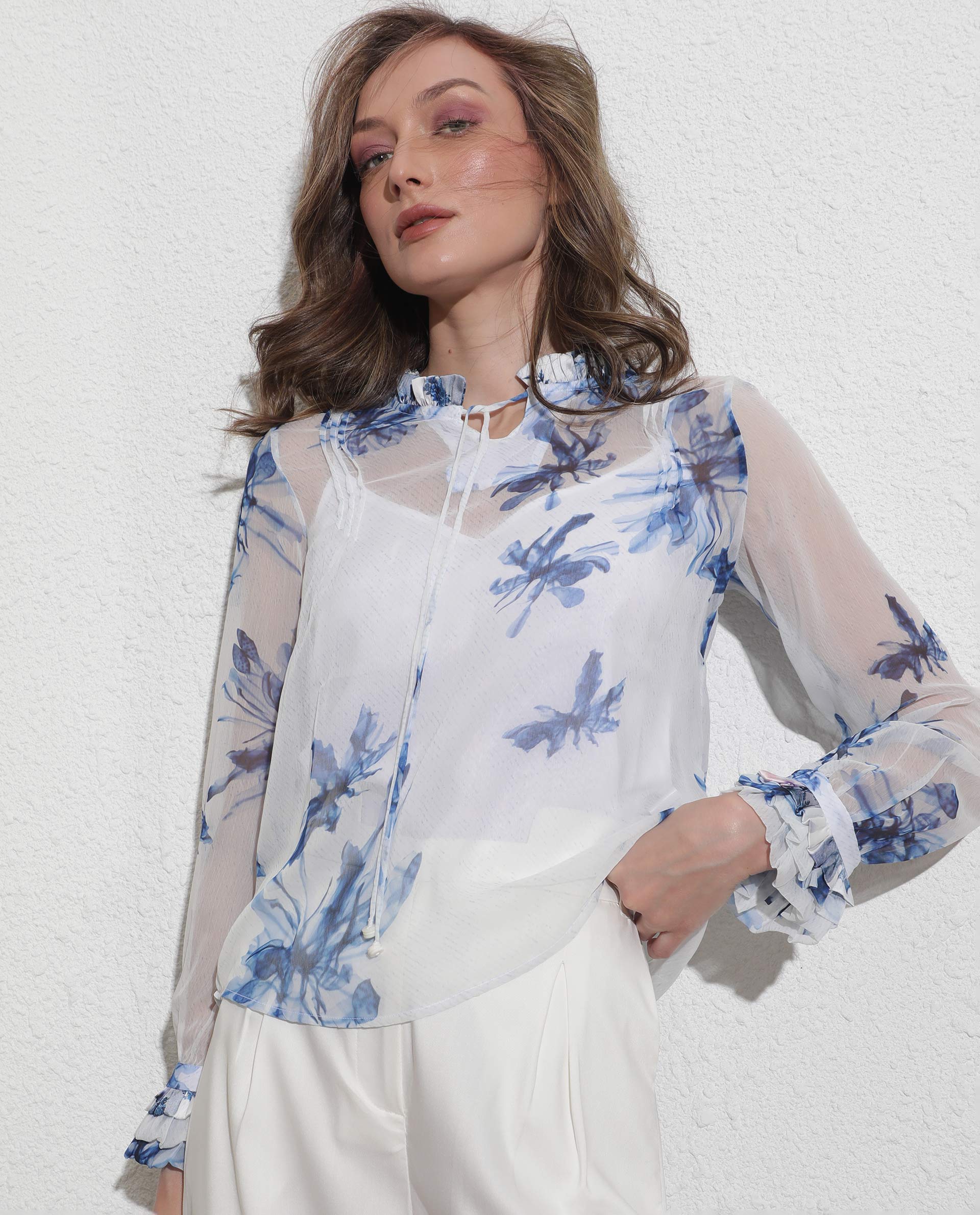 Rareism Women's Dream White Polyester Tie-Up Neck Abstract Print Ruffled Sleeve Relaxed Fit Top - Image 4