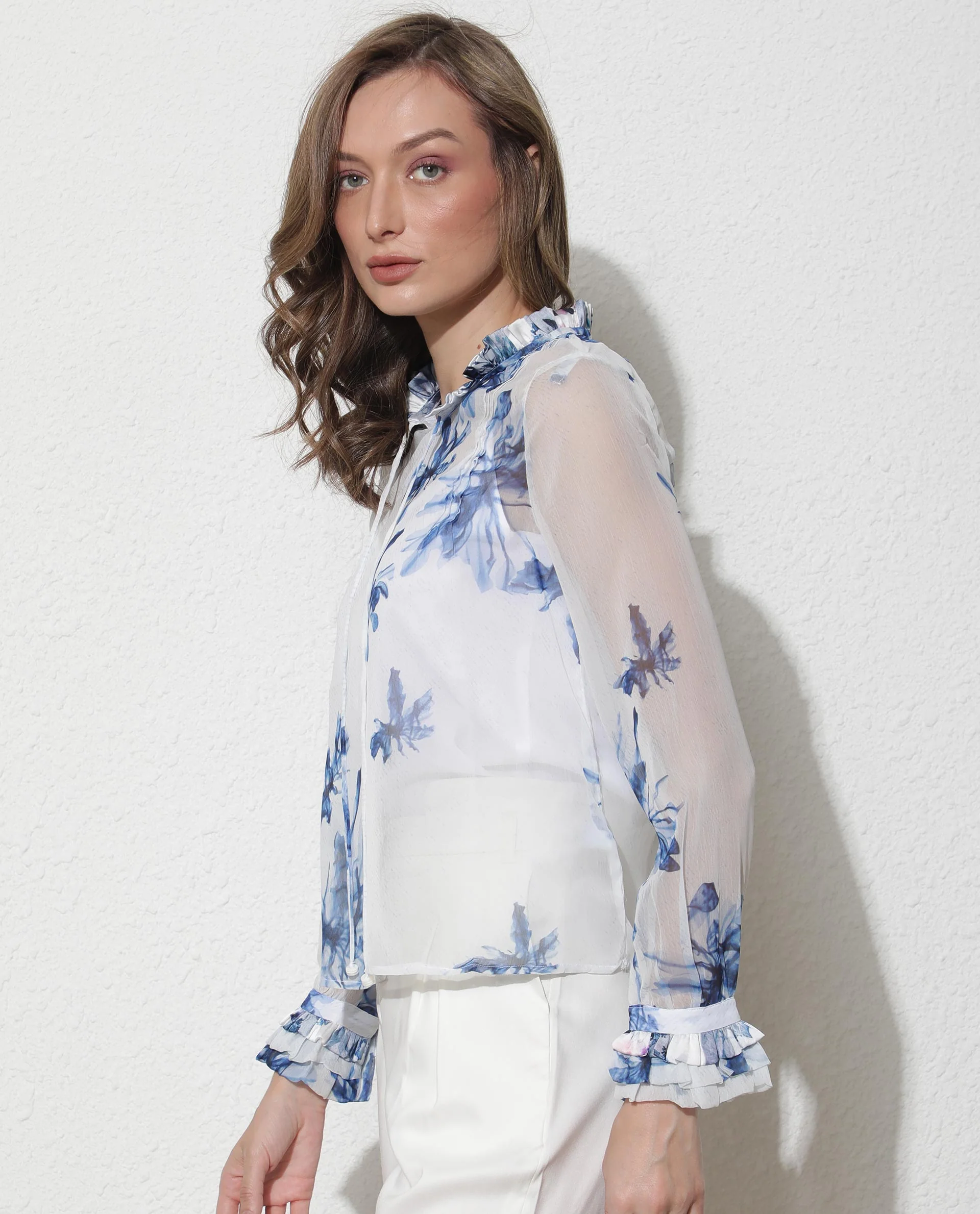 Rareism Women's Dream White Polyester Tie-Up Neck Abstract Print Ruffled Sleeve Relaxed Fit Top - Image 5