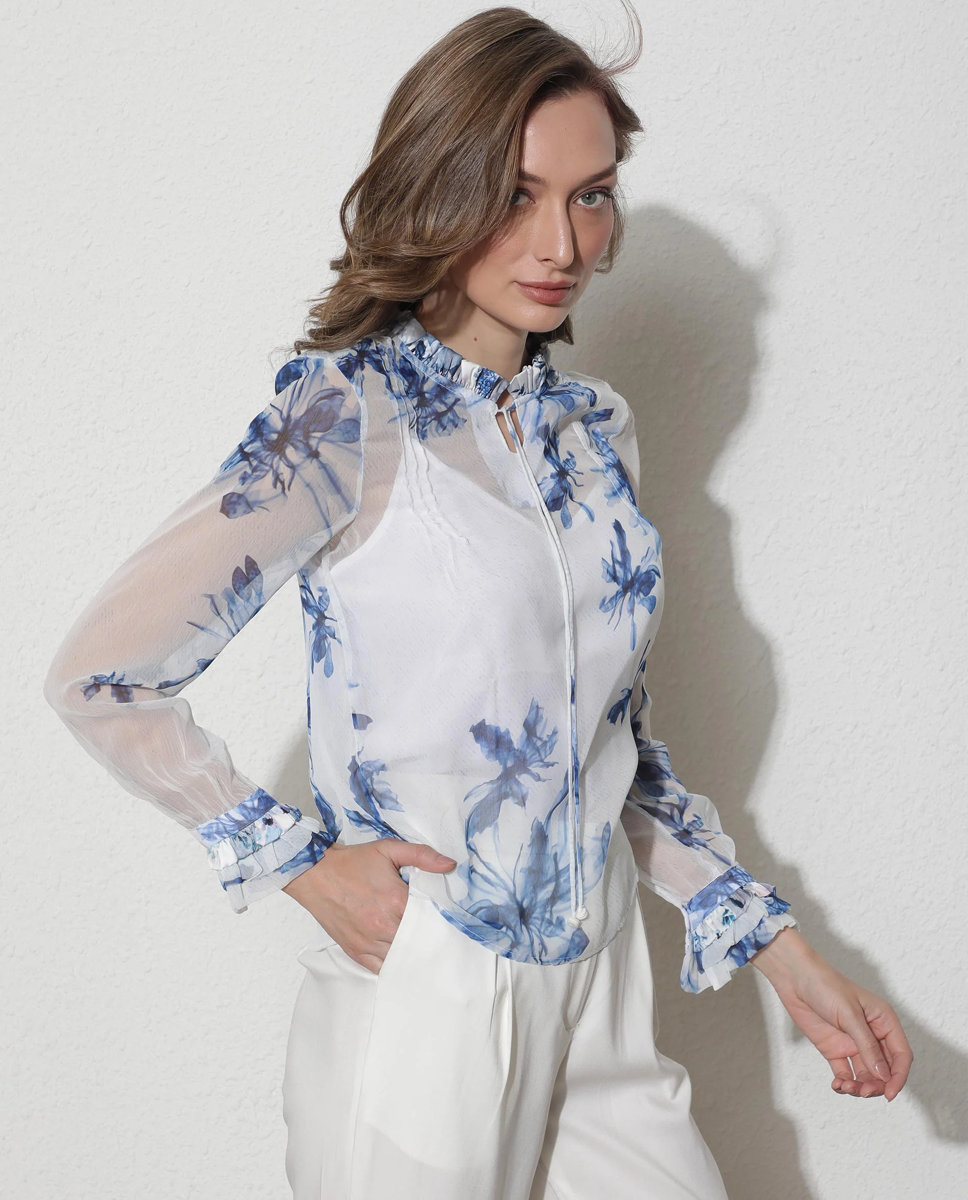 Rareism Women's Dream White Polyester Tie-Up Neck Abstract Print Ruffled Sleeve Relaxed Fit Top - Image 6