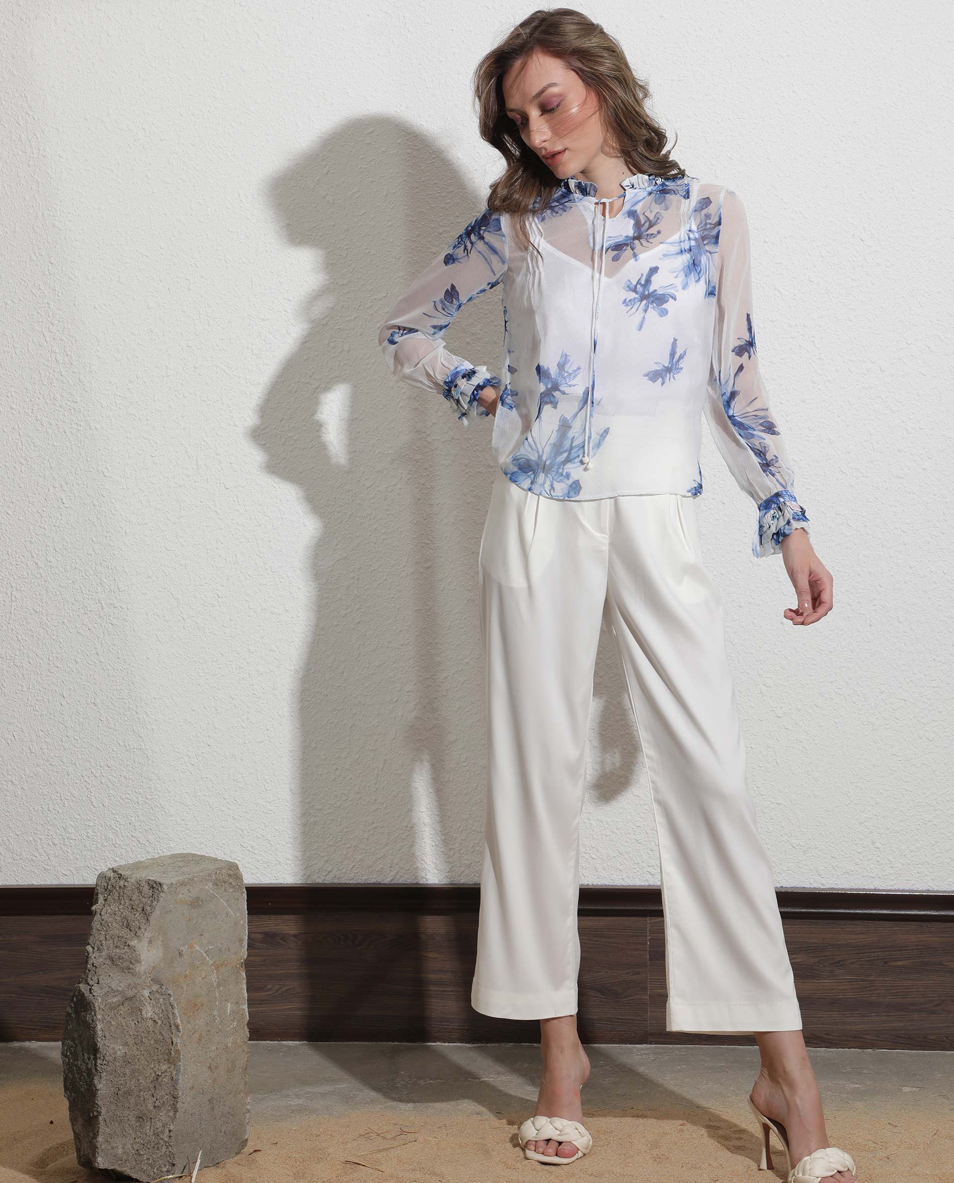 Rareism Women's Dream White Polyester Tie-Up Neck Abstract Print Ruffled Sleeve Relaxed Fit Top - Image 7