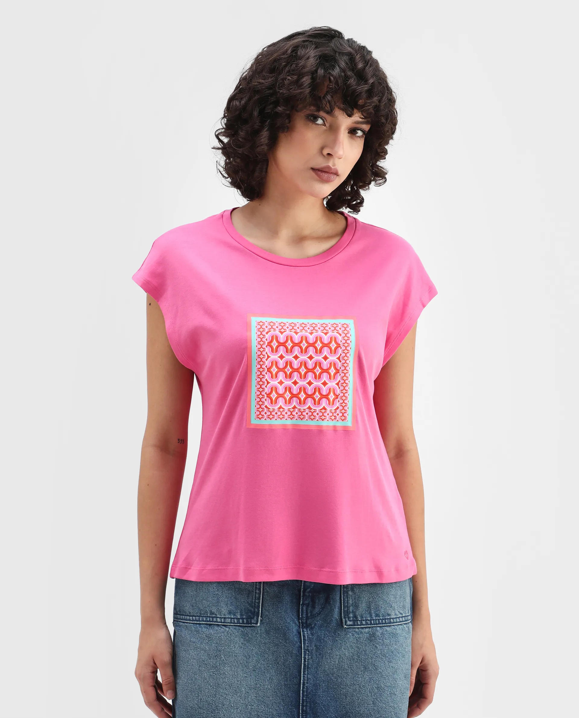 Rareism Women's Drelia Pink Cotton Crew Neck Graphic Print Extended Sleeves Regular Fit T-Shirt - Image 3
