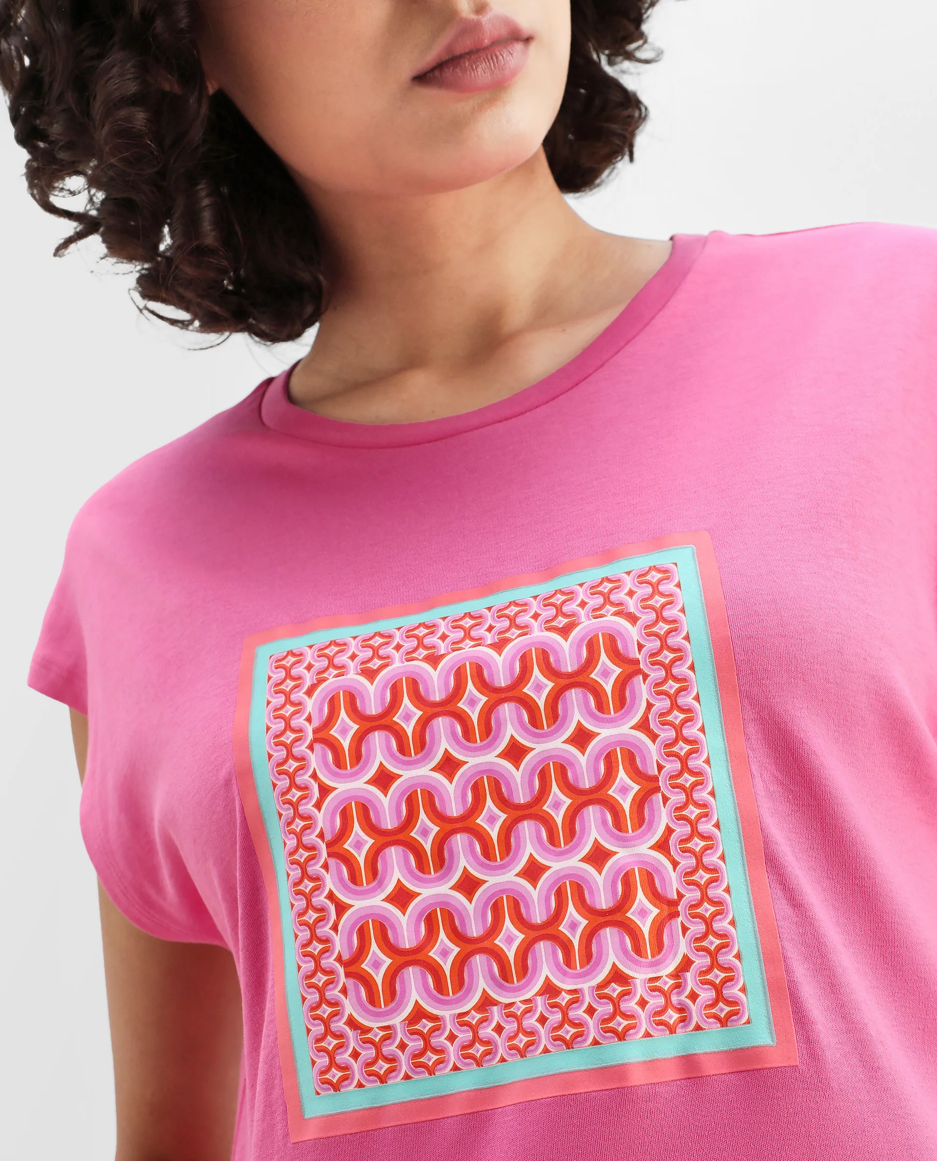 Rareism Women's Drelia Pink Cotton Crew Neck Graphic Print Extended Sleeves Regular Fit T-Shirt - Image 4
