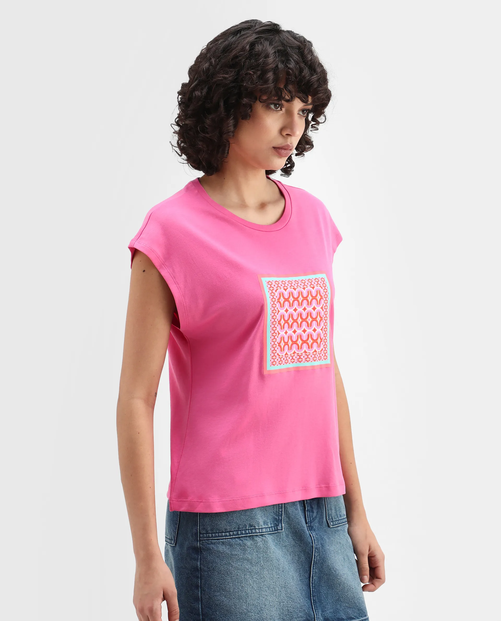 Rareism Women's Drelia Pink Cotton Crew Neck Graphic Print Extended Sleeves Regular Fit T-Shirt - Image 5