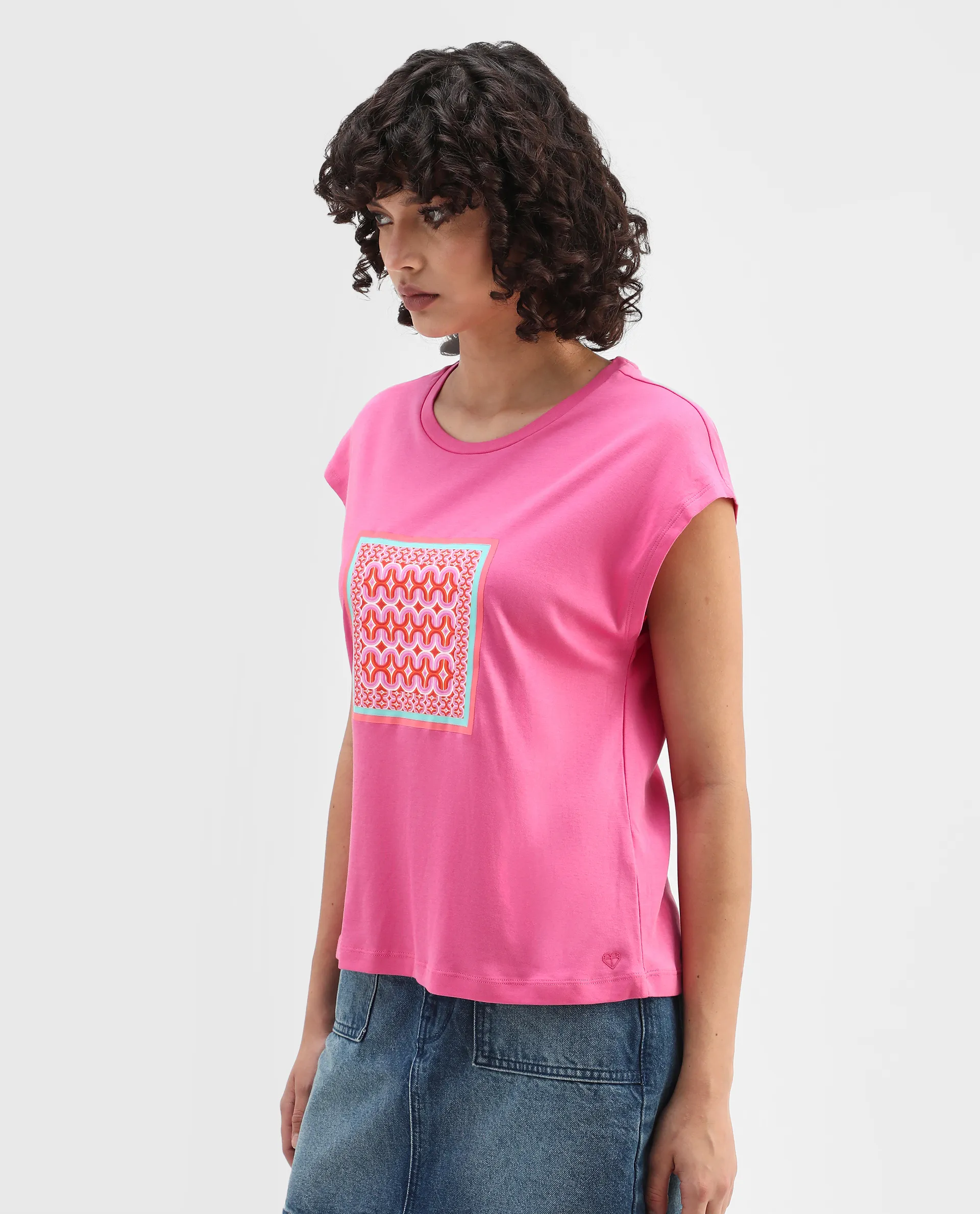 Rareism Women's Drelia Pink Cotton Crew Neck Graphic Print Extended Sleeves Regular Fit T-Shirt - Image 6