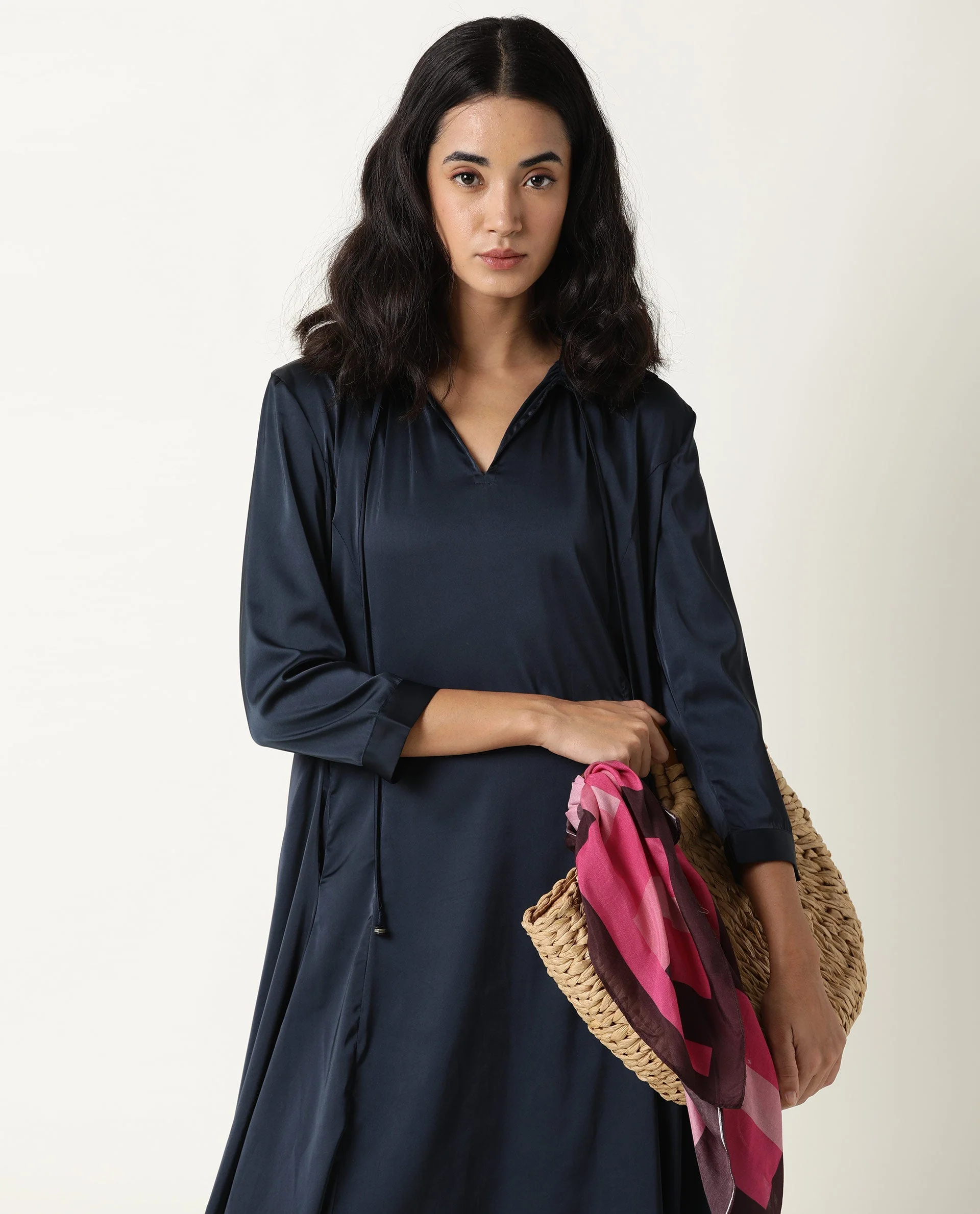 Rareism Womens Drella Navy Dress Modal Lycra Fabric Regular Fit Half Sleeve Lapel Neck - Image 10