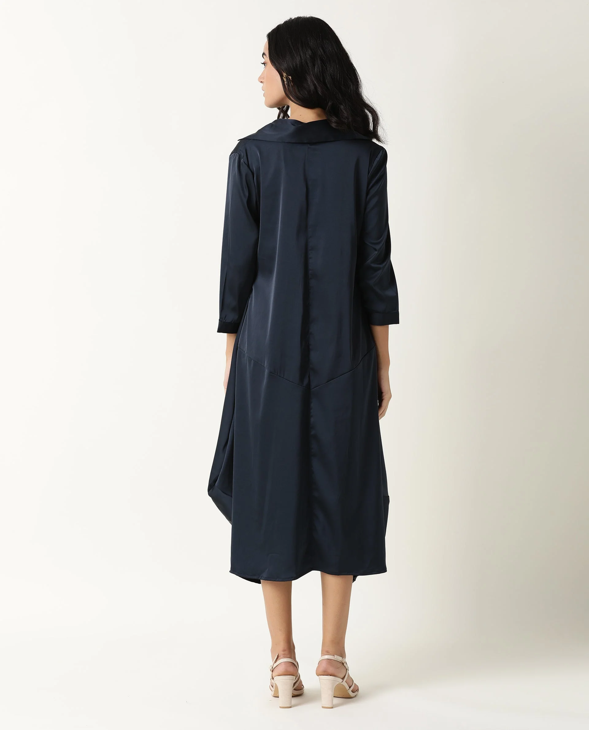 Rareism Womens Drella Navy Dress Modal Lycra Fabric Regular Fit Half Sleeve Lapel Neck - Image 2