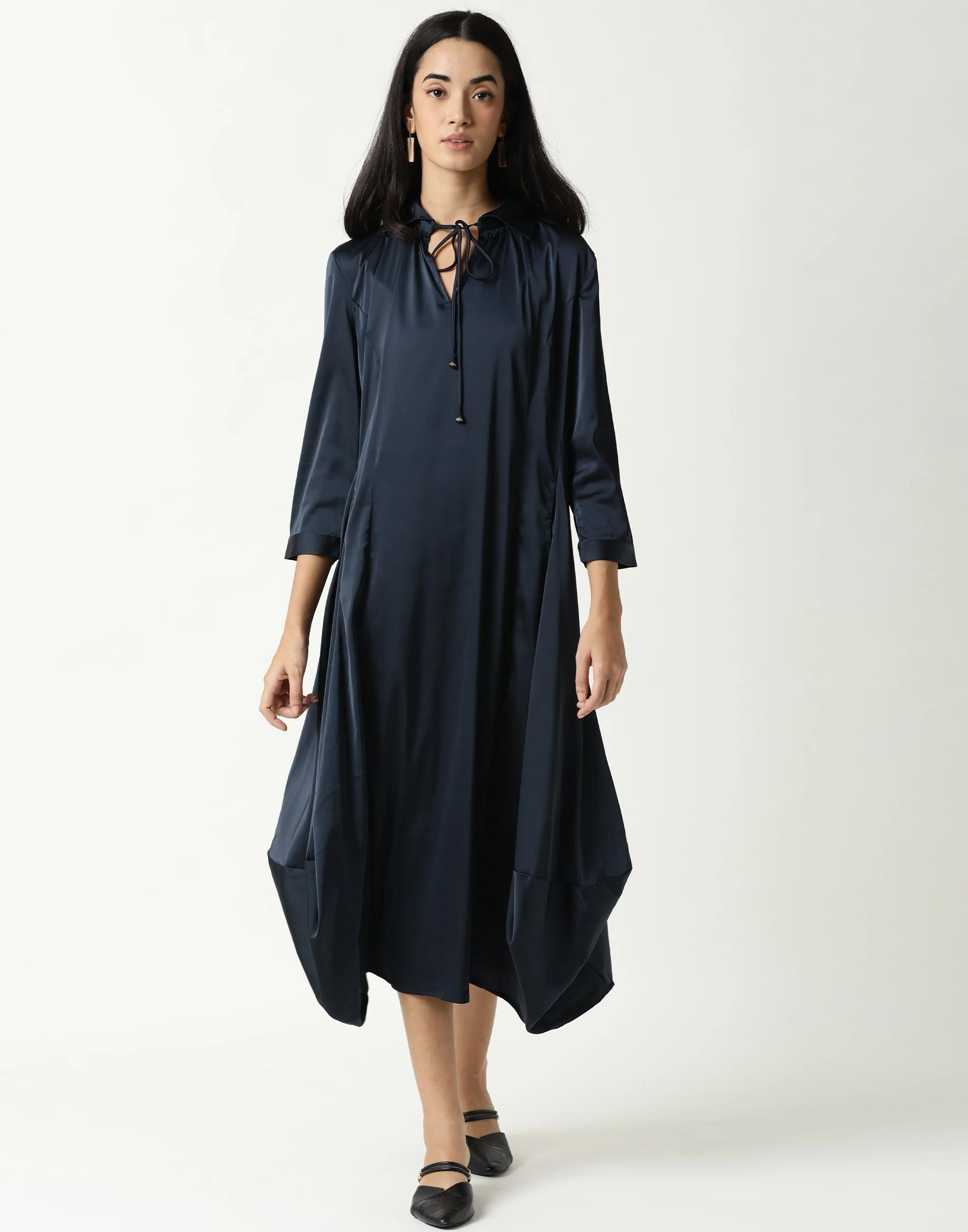 Rareism Womens Drella Navy Dress Modal Lycra Fabric Regular Fit Half Sleeve Lapel Neck - Image 3