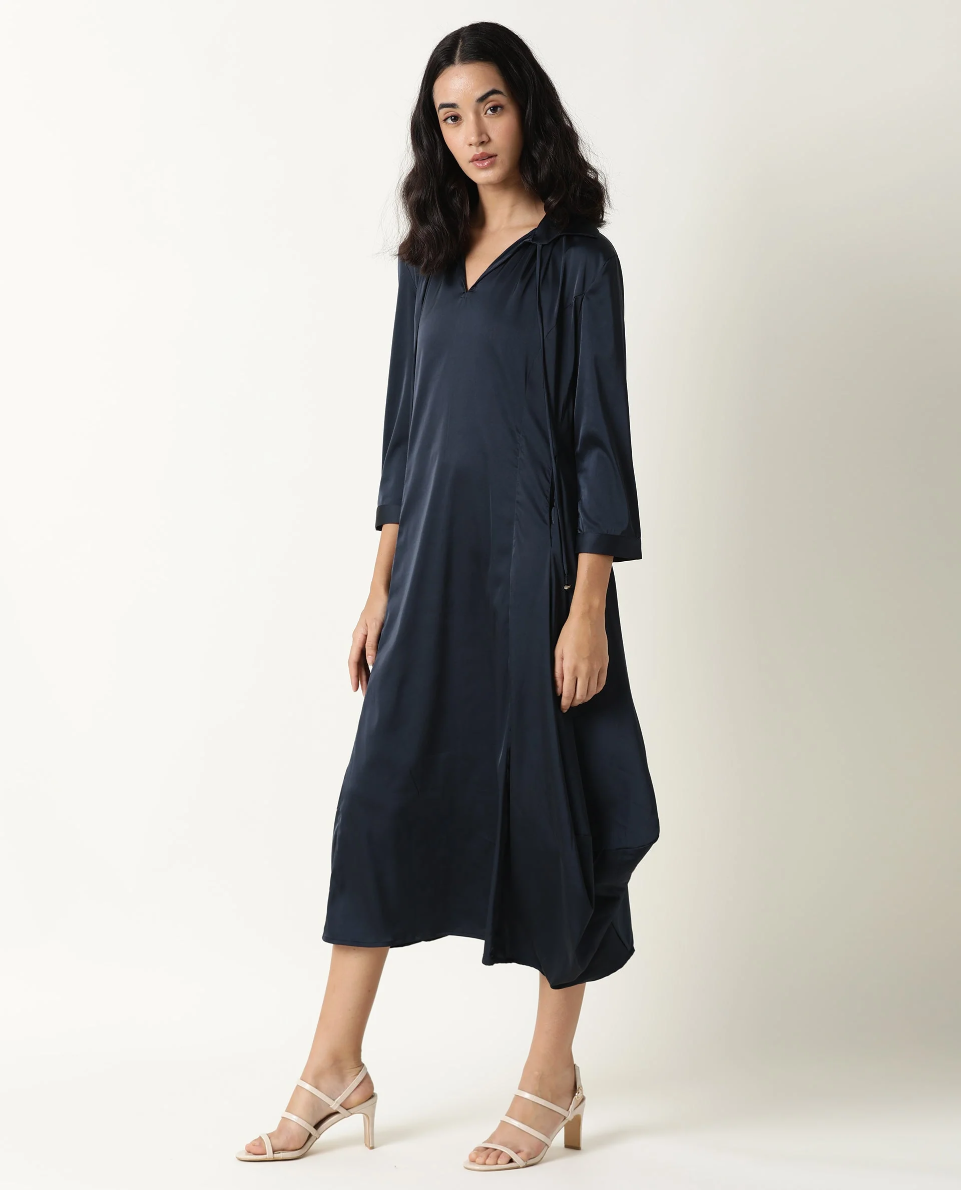 Rareism Womens Drella Navy Dress Modal Lycra Fabric Regular Fit Half Sleeve Lapel Neck - Image 5