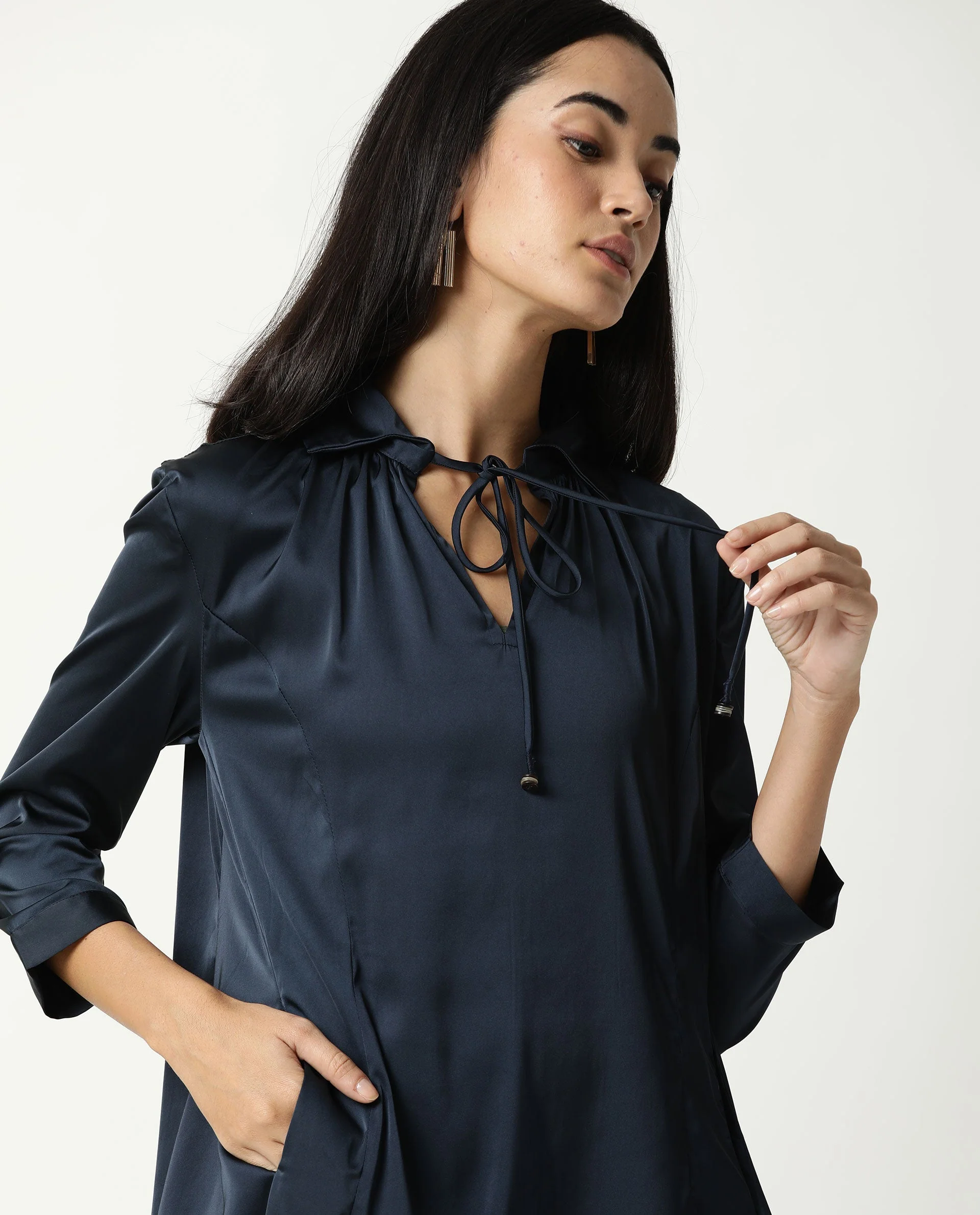 Rareism Womens Drella Navy Dress Modal Lycra Fabric Regular Fit Half Sleeve Lapel Neck - Image 6