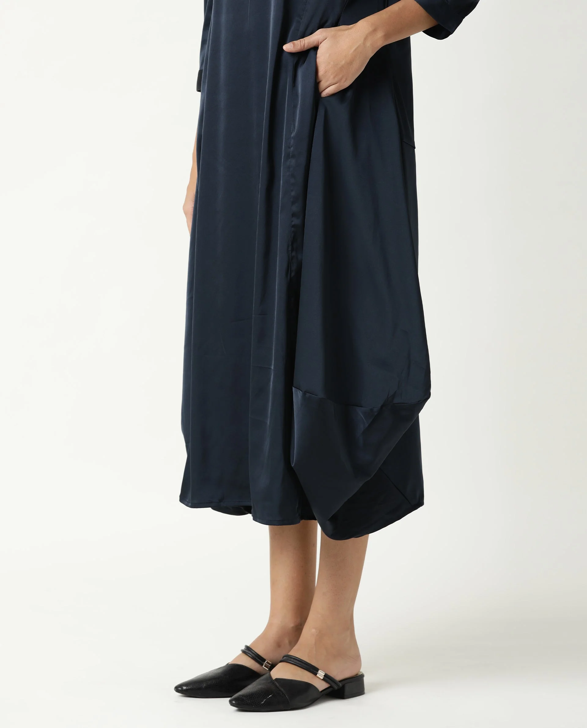 Rareism Womens Drella Navy Dress Modal Lycra Fabric Regular Fit Half Sleeve Lapel Neck - Image 7