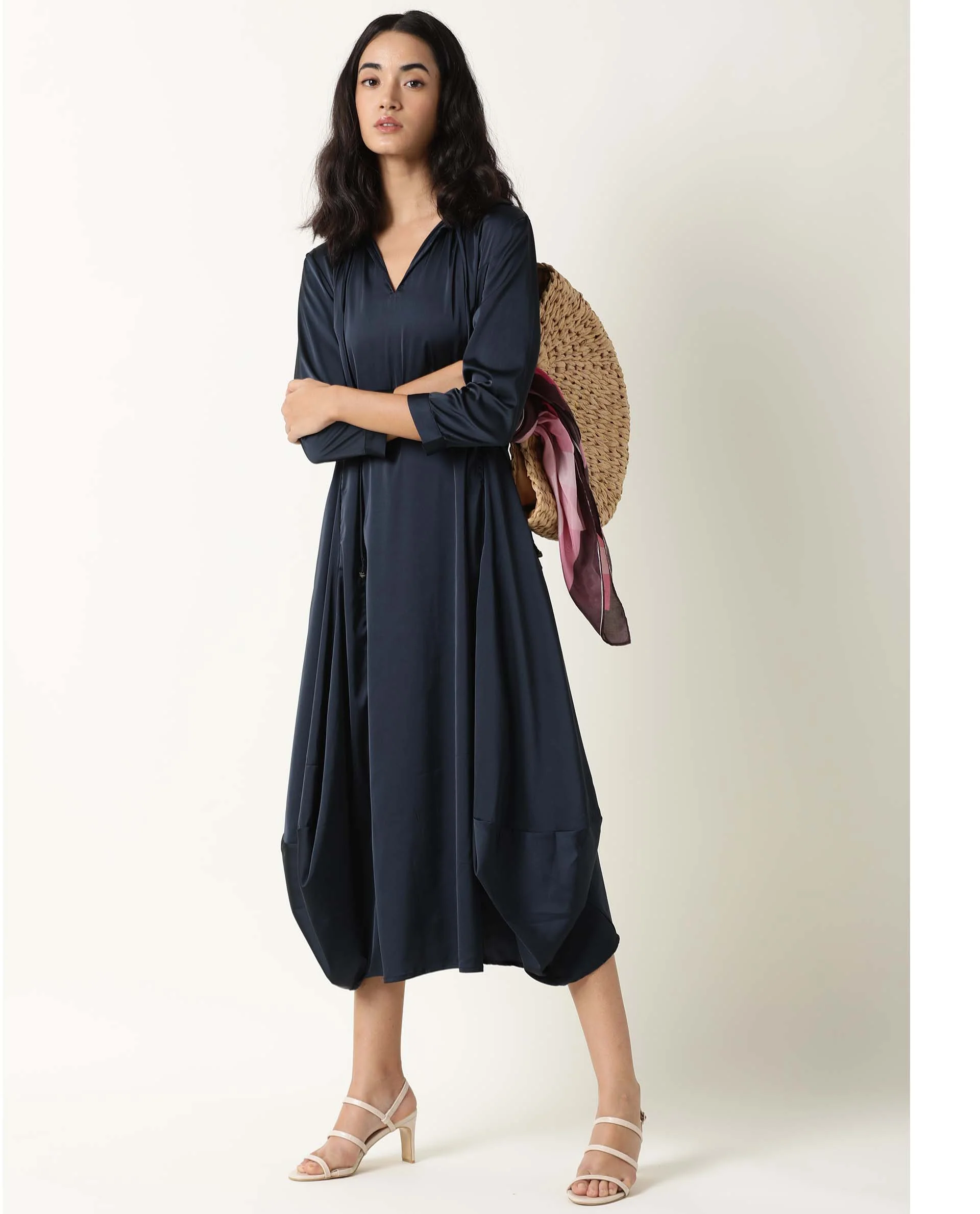 Rareism Womens Drella Navy Dress Modal Lycra Fabric Regular Fit Half Sleeve Lapel Neck - Image 8
