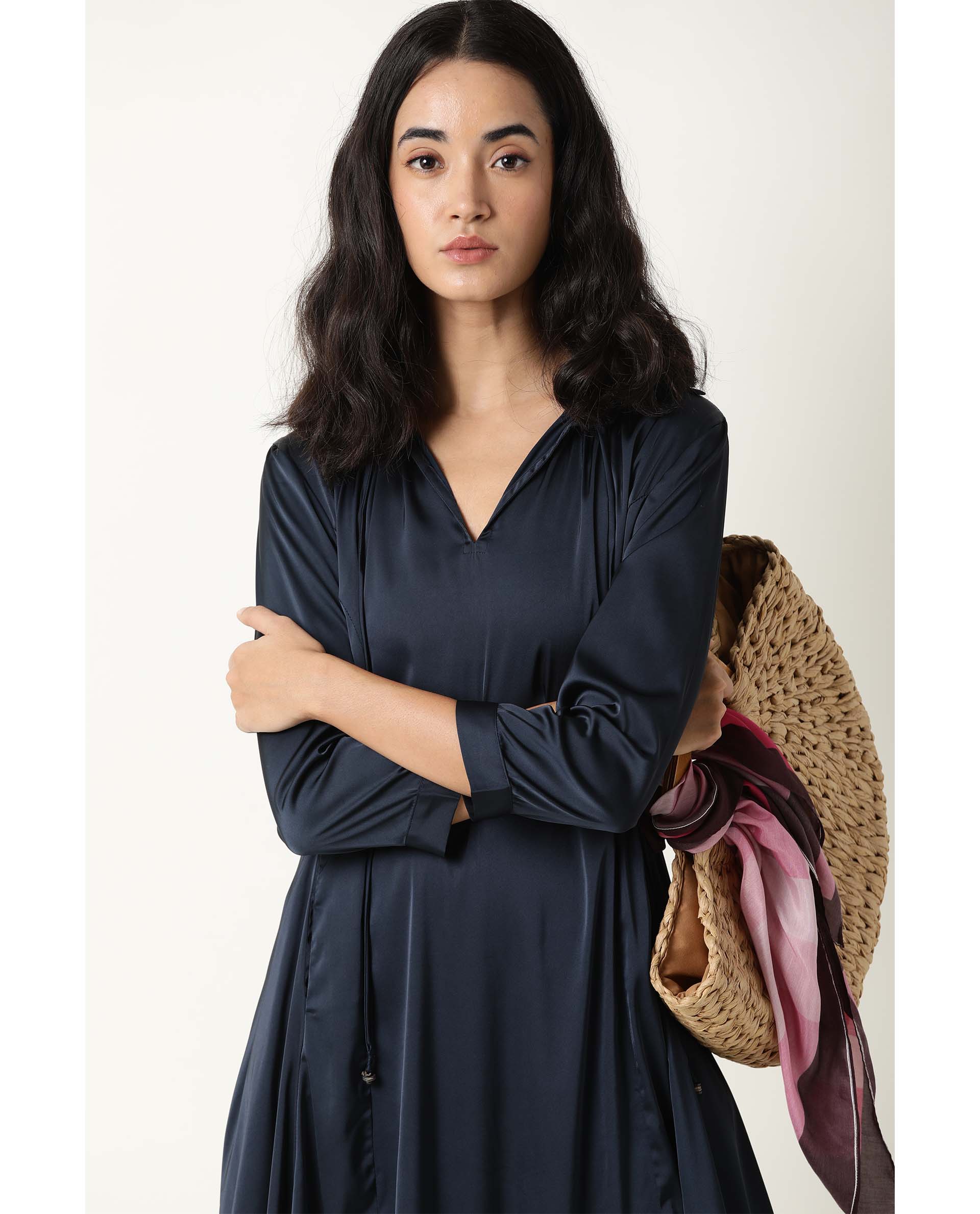 Rareism Womens Drella Navy Dress Modal Lycra Fabric Regular Fit Half Sleeve Lapel Neck - Image 9