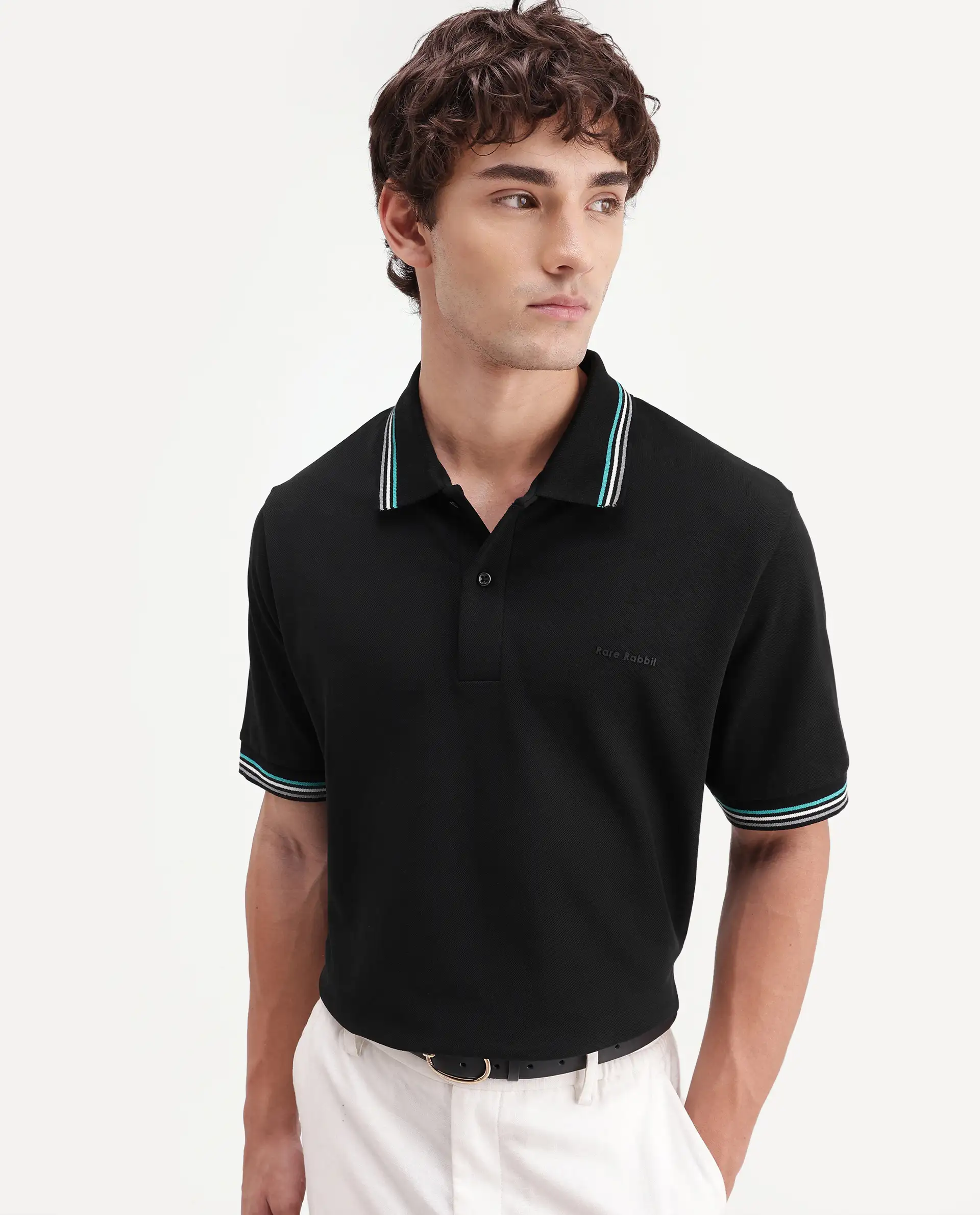 Rare Rabbit Men's Dren Black Cotton Blend Spread Collar Regular Plain Polo