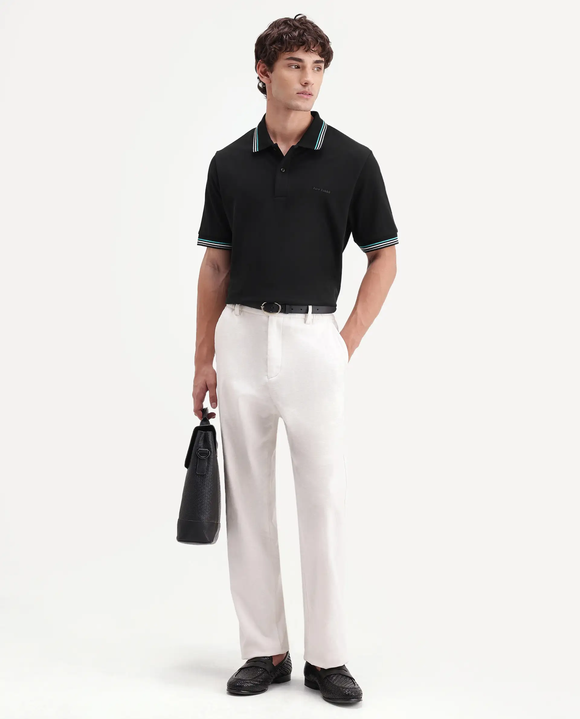 Rare Rabbit Men's Dren Black Cotton Blend Spread Collar Regular Plain Polo - Image 2