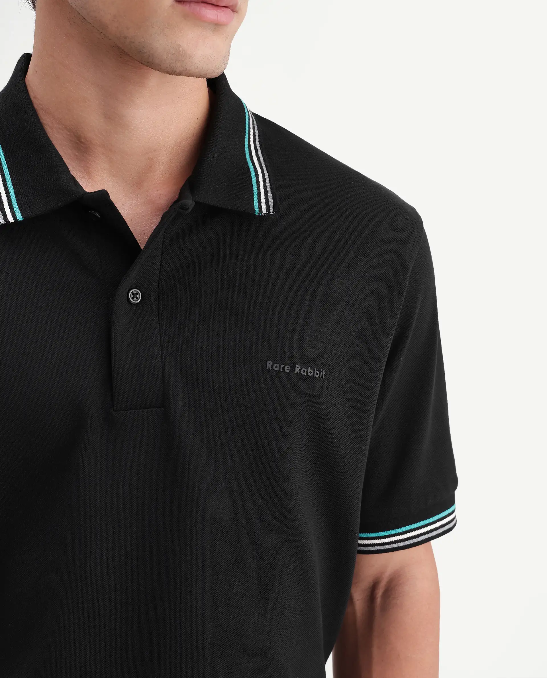 Rare Rabbit Men's Dren Black Cotton Blend Spread Collar Regular Plain Polo - Image 3