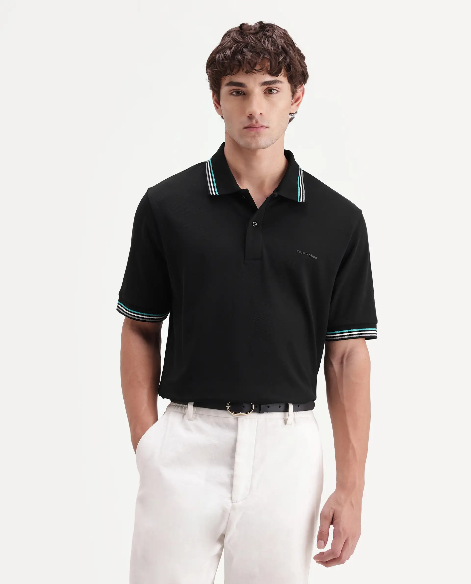 Rare Rabbit Men's Dren Black Cotton Blend Spread Collar Regular Plain Polo - Image 4