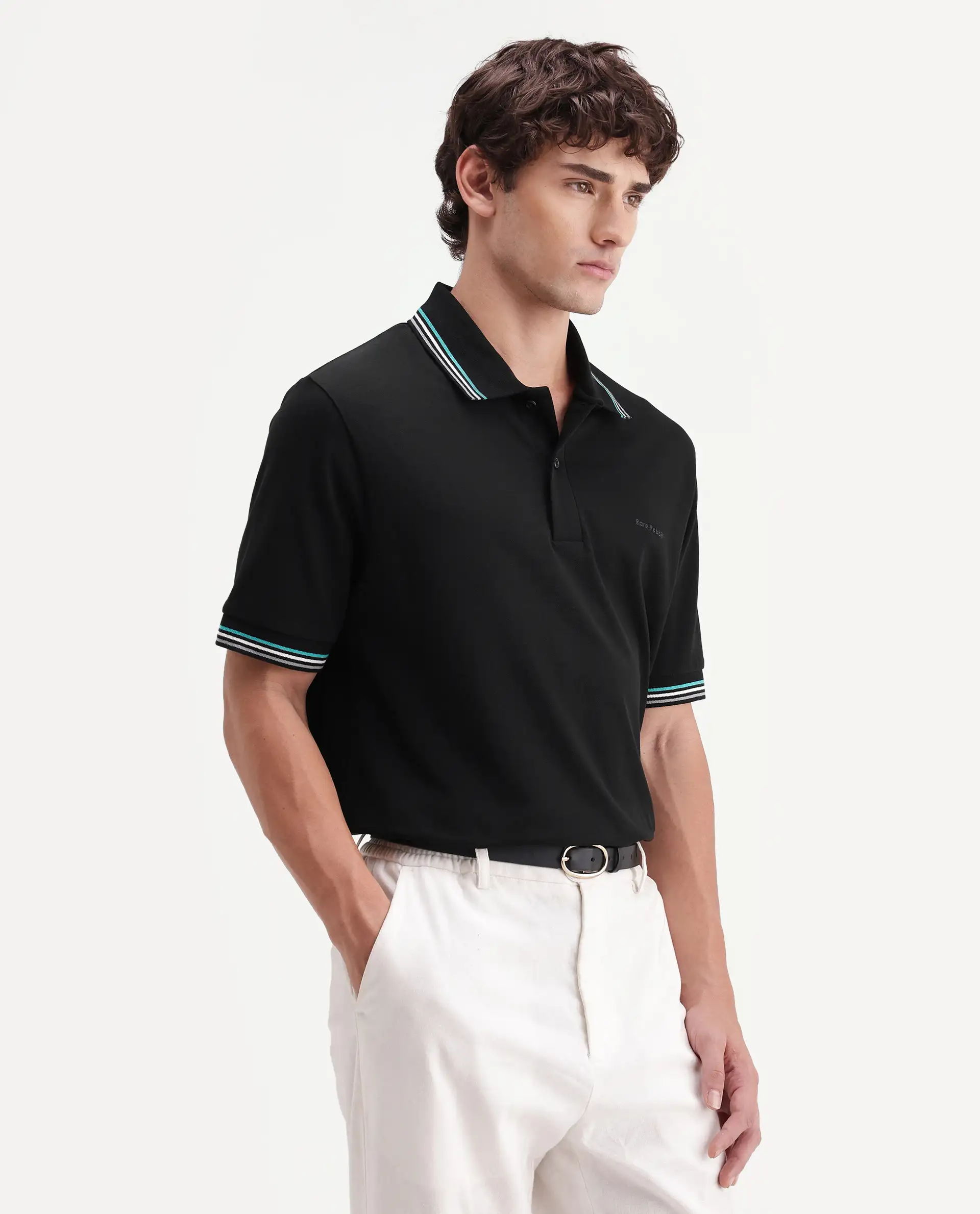 Rare Rabbit Men's Dren Black Cotton Blend Spread Collar Regular Plain Polo - Image 5
