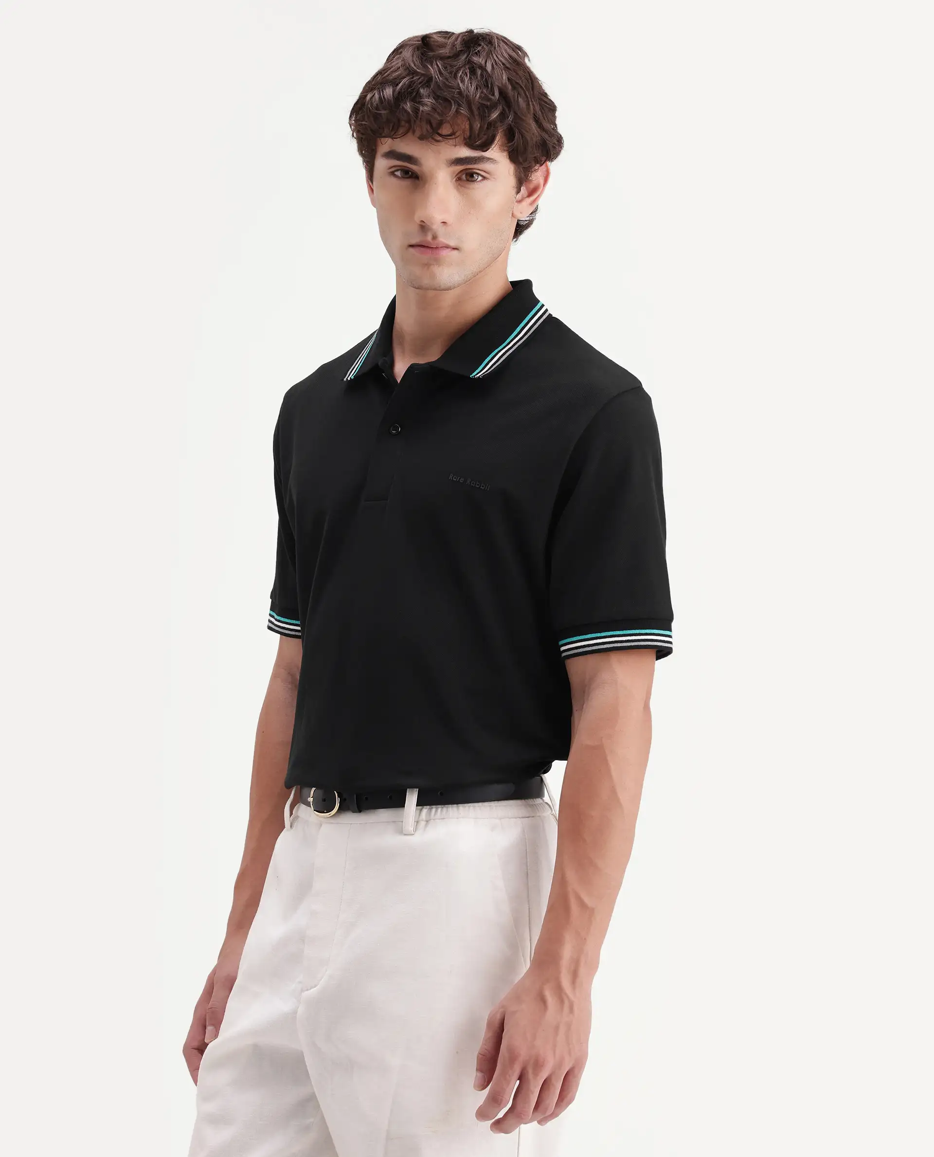 Rare Rabbit Men's Dren Black Cotton Blend Spread Collar Regular Plain Polo - Image 6