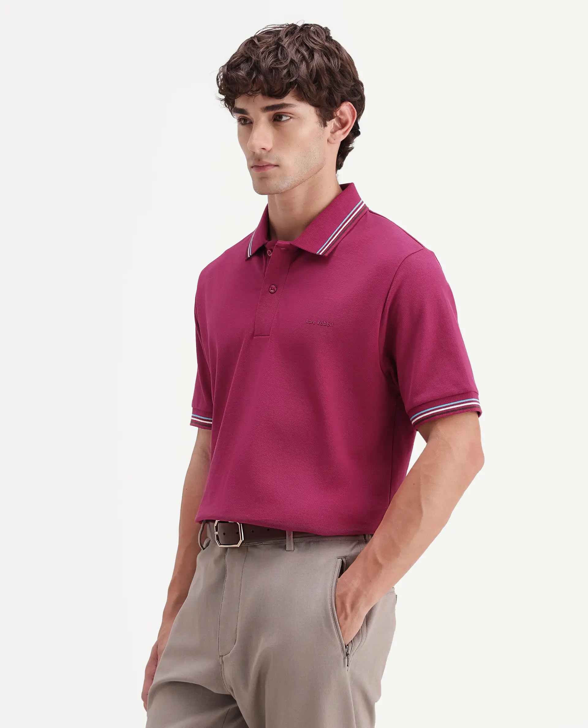 Rare Rabbit Men's Dren Fluorescent Pink Cotton Blend Spread Collar Regular Plain Polo - Image 4