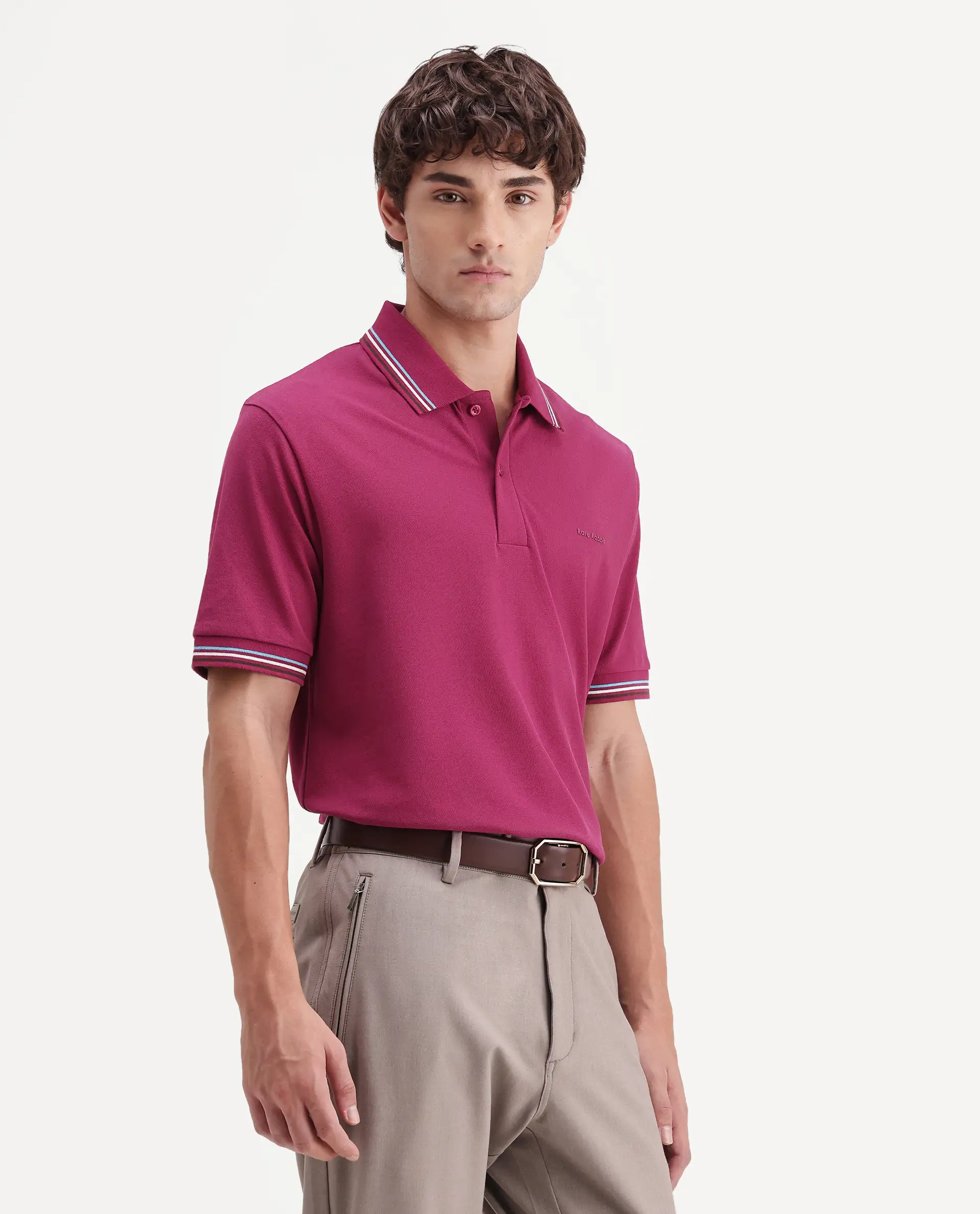 Rare Rabbit Men's Dren Fluorescent Pink Cotton Blend Spread Collar Regular Plain Polo - Image 5