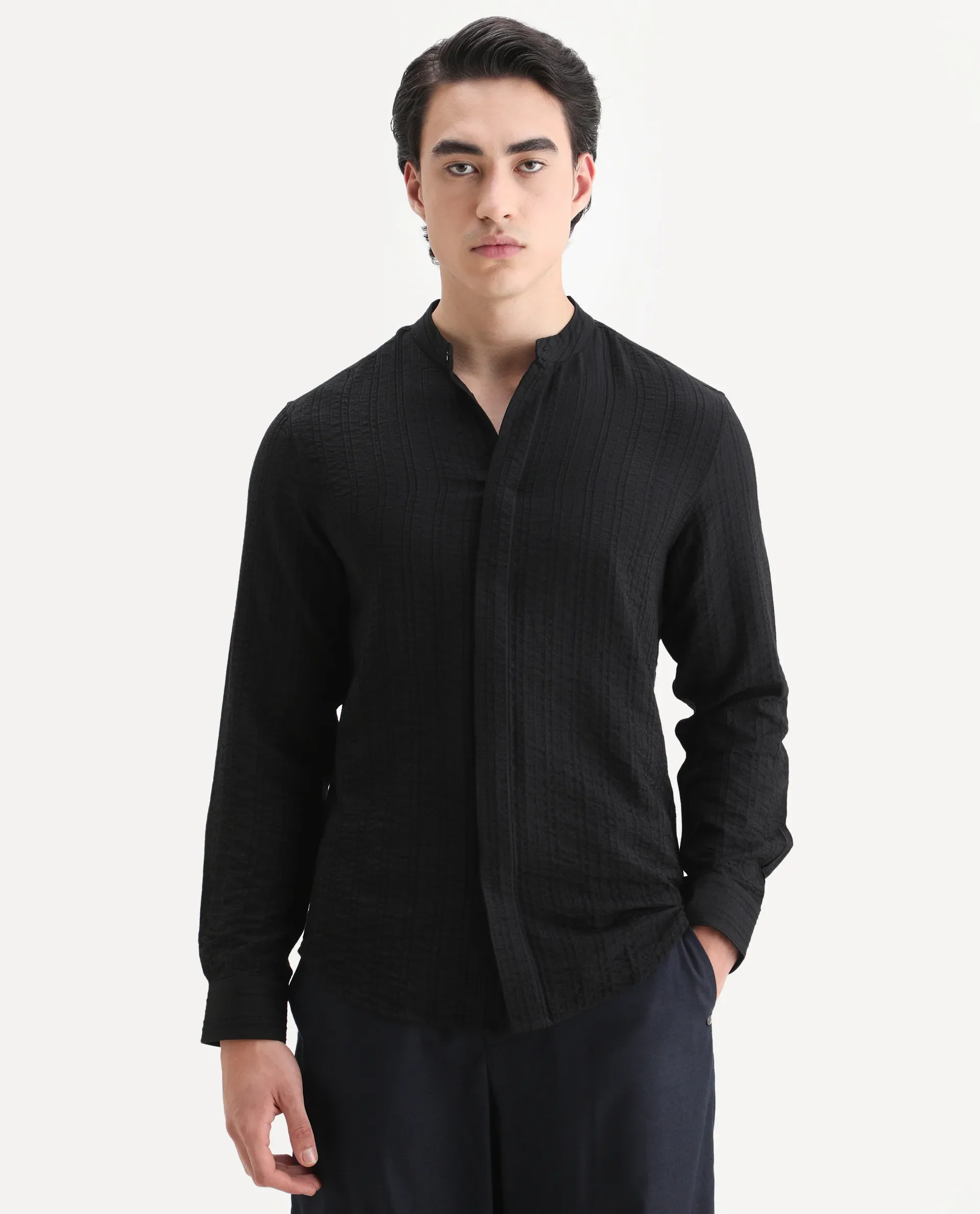 Rare Rabbit Men's Drep-G Black Viscose Blend Fabric Full Sleeve Regular Fit Striped Shirt - Image 2
