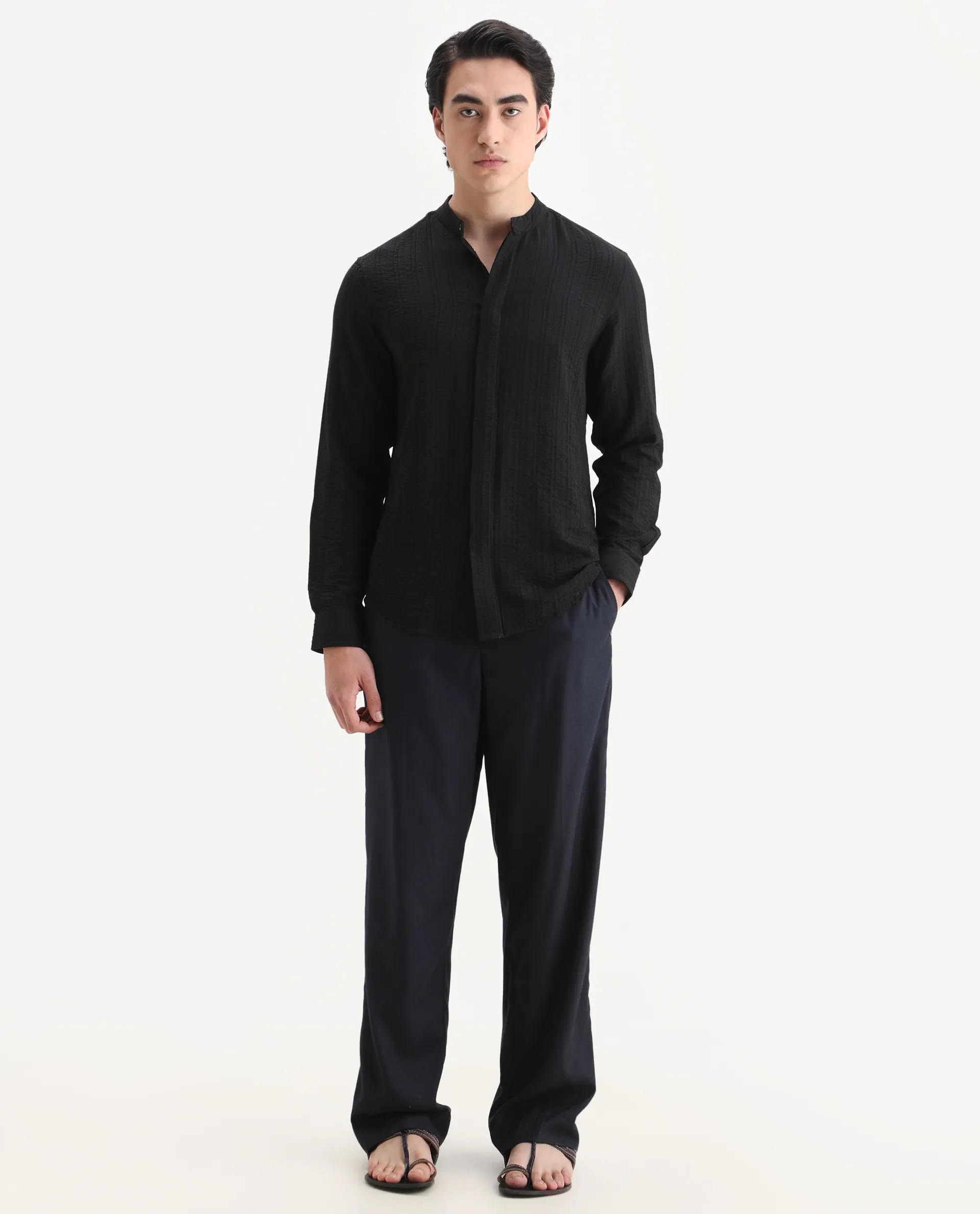 Rare Rabbit Men's Drep-G Black Viscose Blend Fabric Full Sleeve Regular Fit Striped Shirt - Image 3