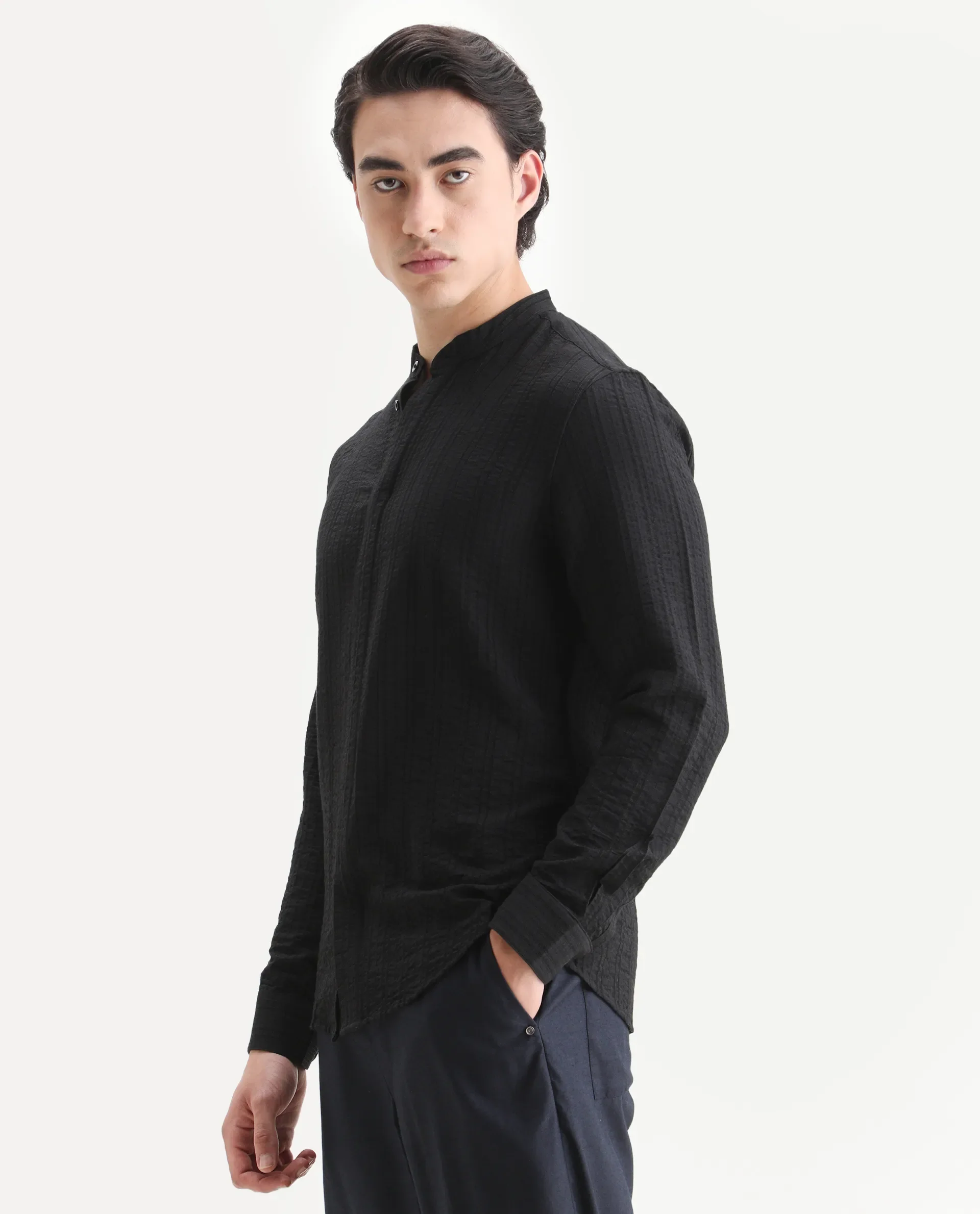 Rare Rabbit Men's Drep-G Black Viscose Blend Fabric Full Sleeve Regular Fit Striped Shirt - Image 5