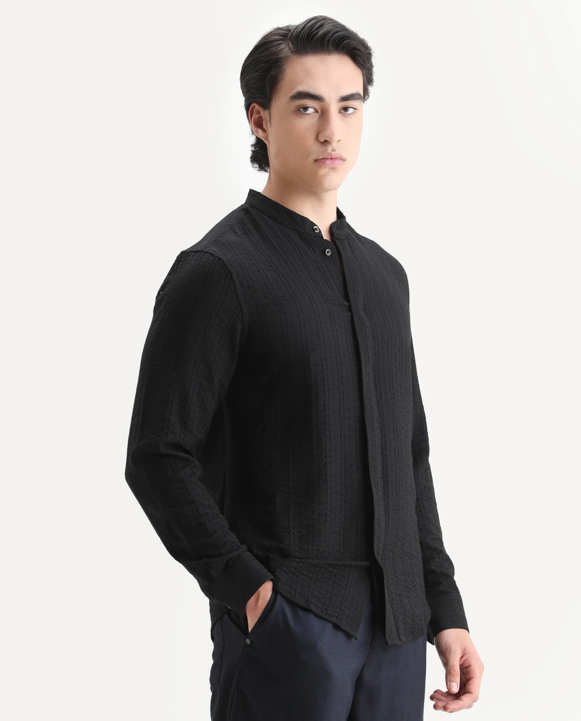 Rare Rabbit Men's Drep-G Black Viscose Blend Fabric Full Sleeve Regular Fit Striped Shirt - Image 6