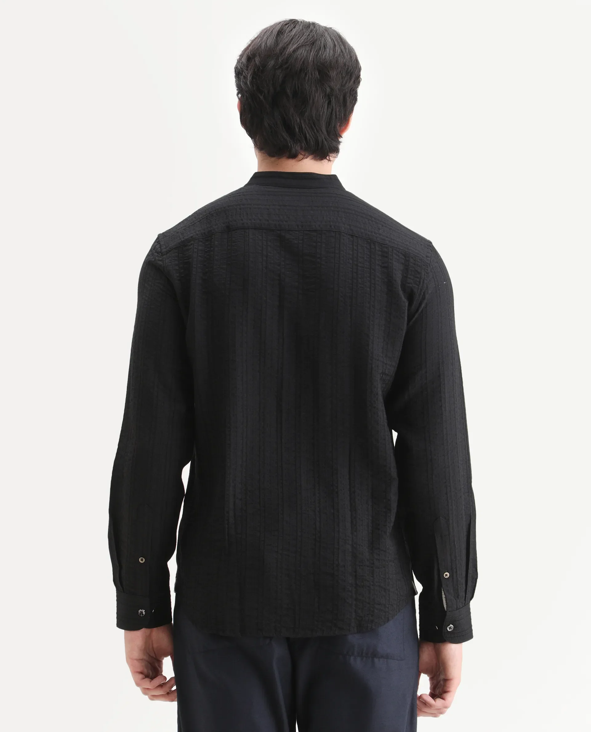 Rare Rabbit Men's Drep-G Black Viscose Blend Fabric Full Sleeve Regular Fit Striped Shirt - Image 7