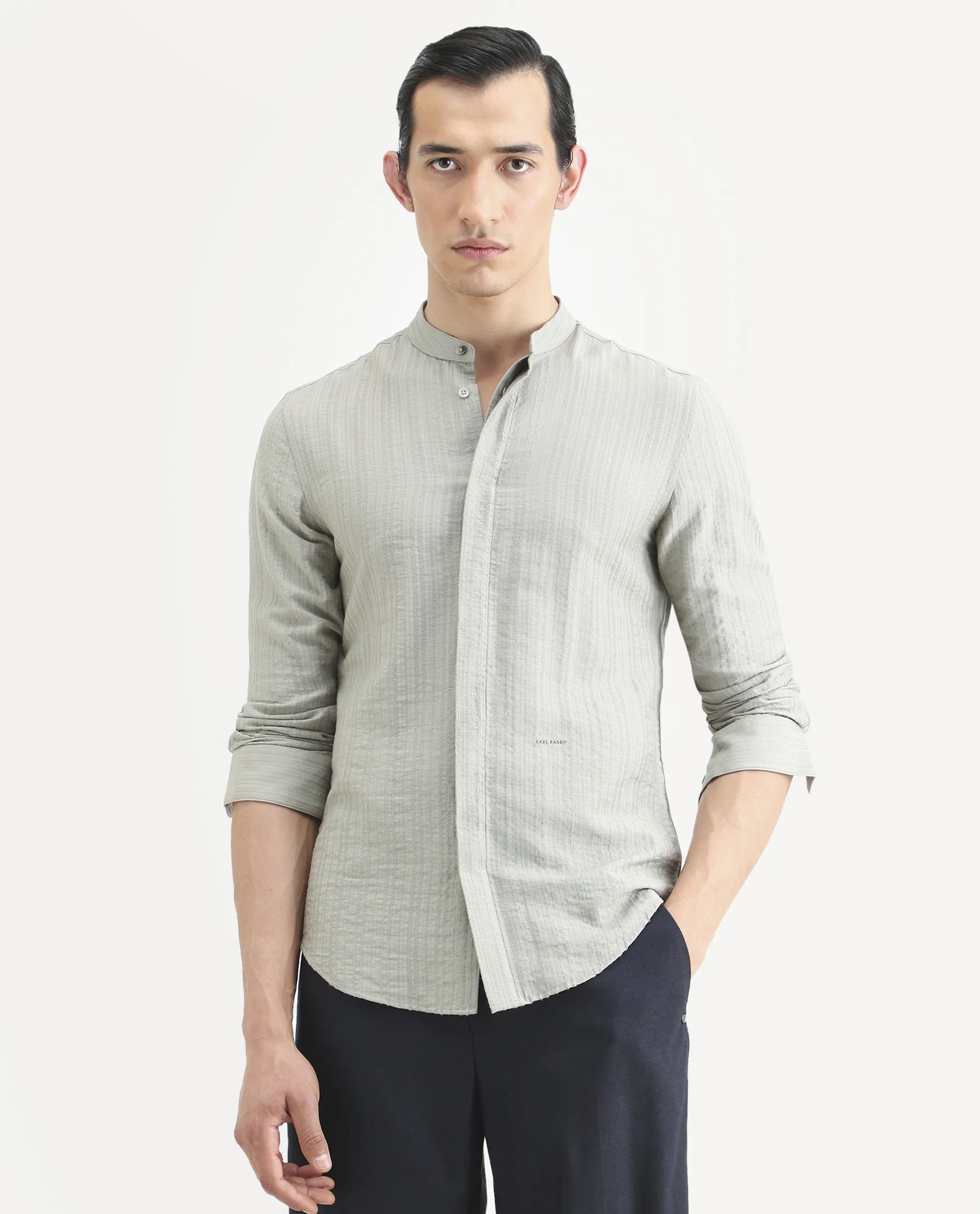 Rare Rabbit Men's Drep Dusky Green Viscose Blend Striped Print Regular Fit Full Sleeve Mandarin Collar Shirt - Image 3