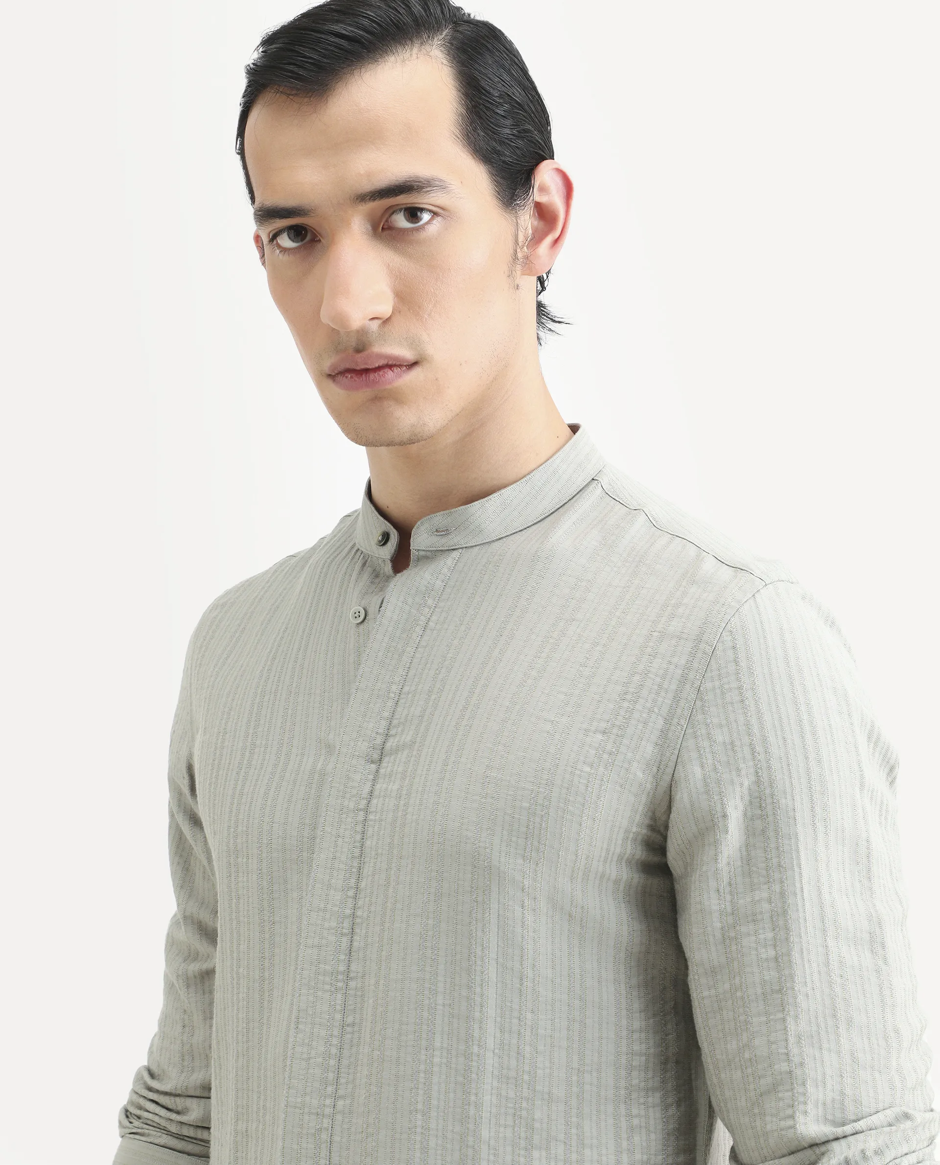 Rare Rabbit Men's Drep Dusky Green Viscose Blend Striped Print Regular Fit Full Sleeve Mandarin Collar Shirt - Image 4