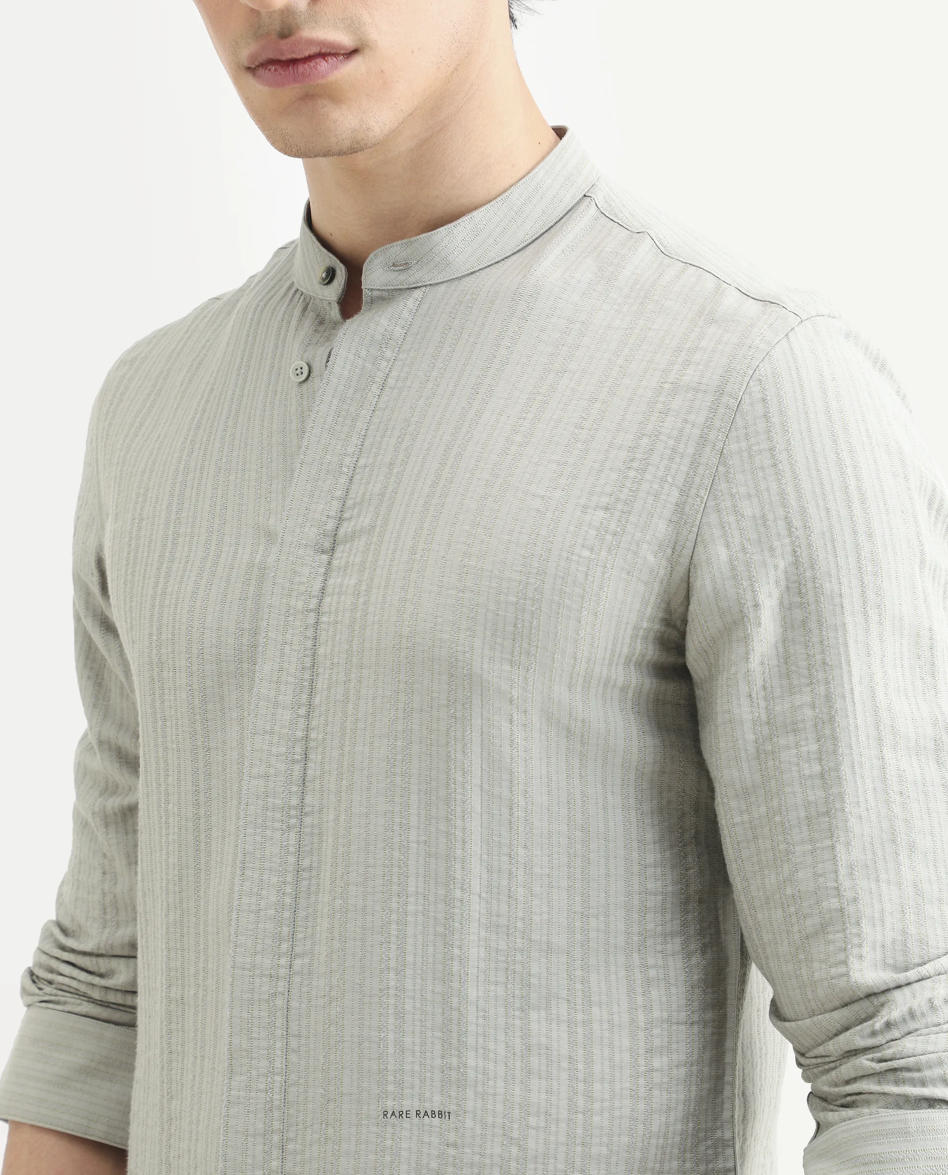 Rare Rabbit Men's Drep Dusky Green Viscose Blend Striped Print Regular Fit Full Sleeve Mandarin Collar Shirt - Image 5