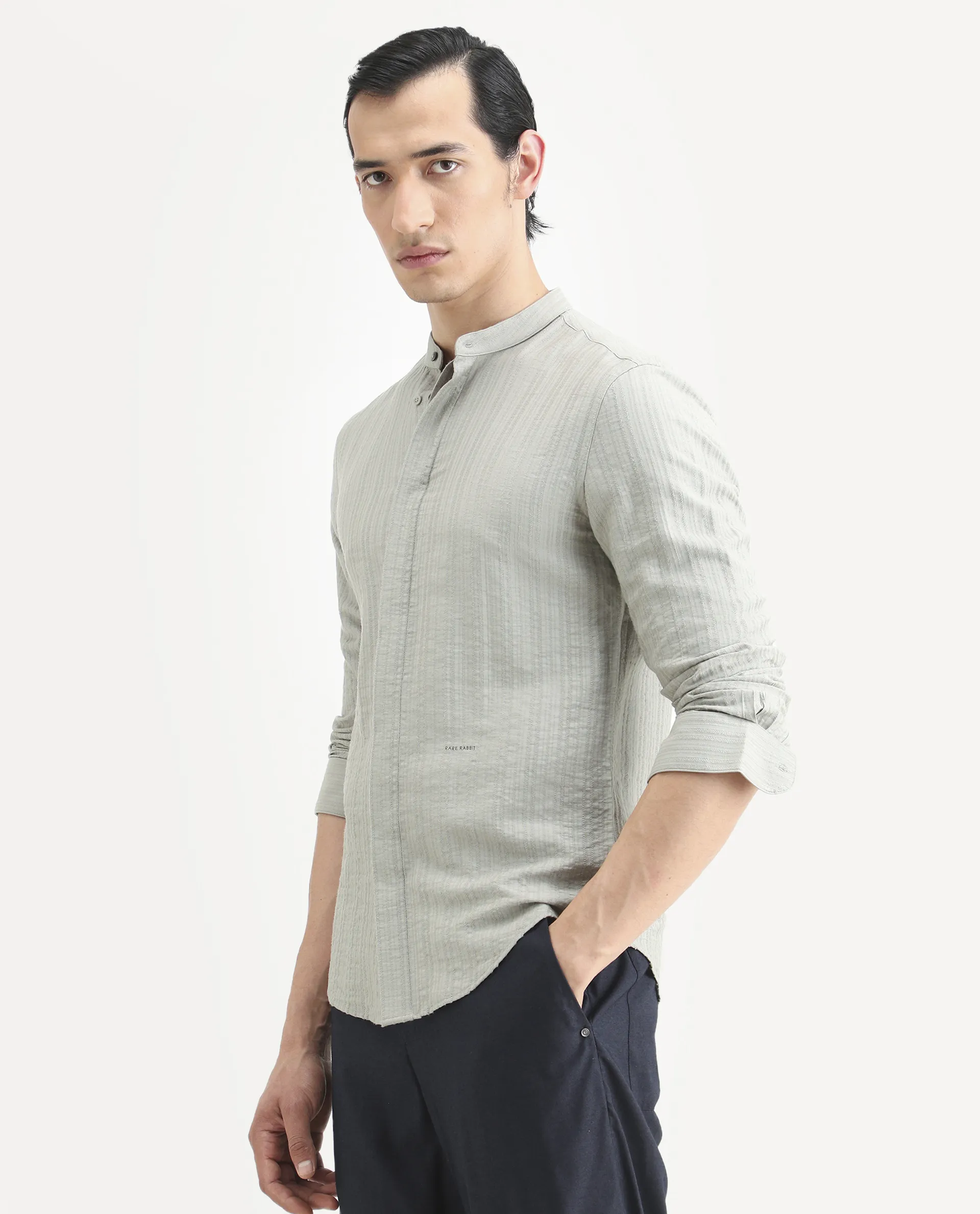 Rare Rabbit Men's Drep Dusky Green Viscose Blend Striped Print Regular Fit Full Sleeve Mandarin Collar Shirt - Image 6