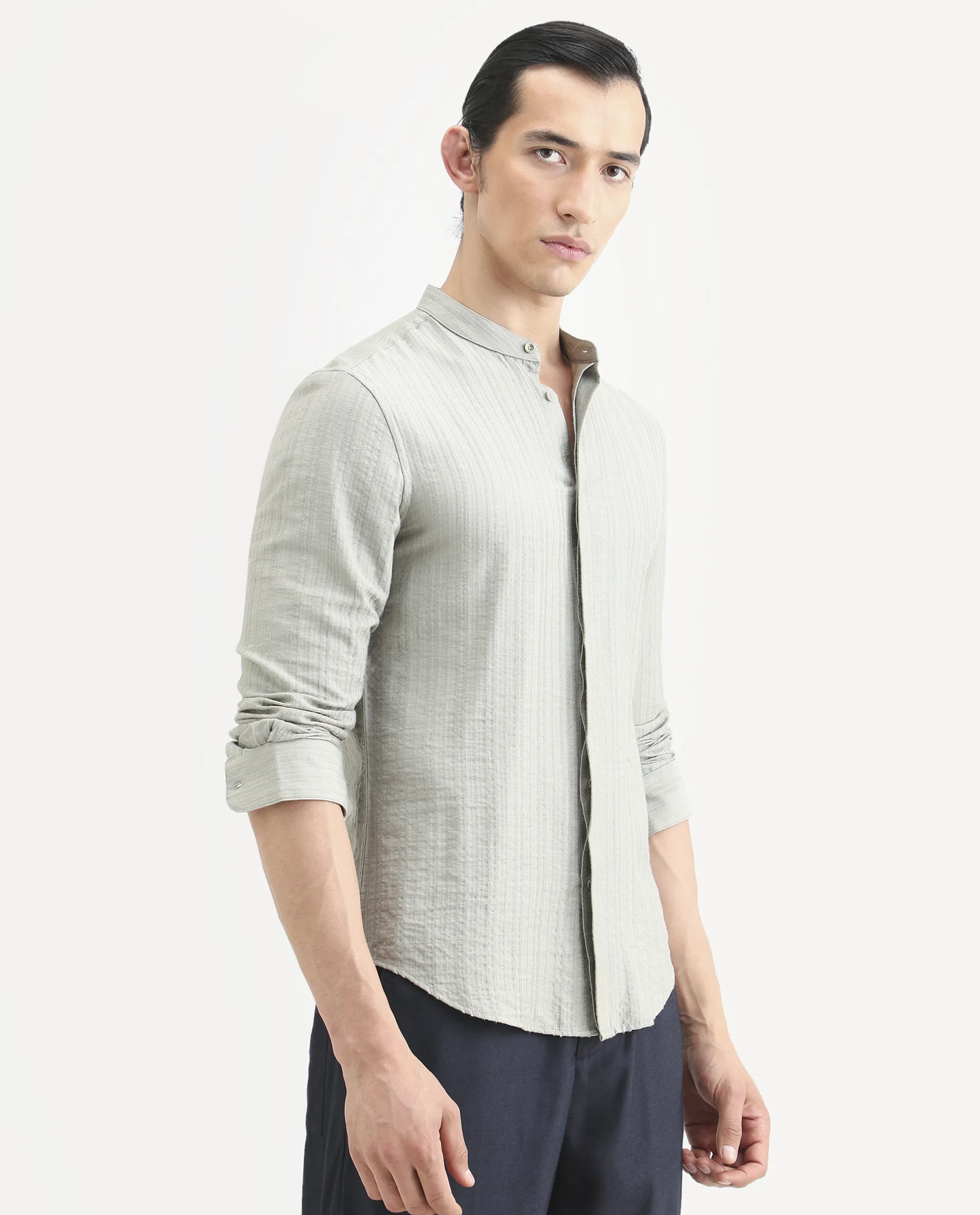 Rare Rabbit Men's Drep Dusky Green Viscose Blend Striped Print Regular Fit Full Sleeve Mandarin Collar Shirt - Image 7